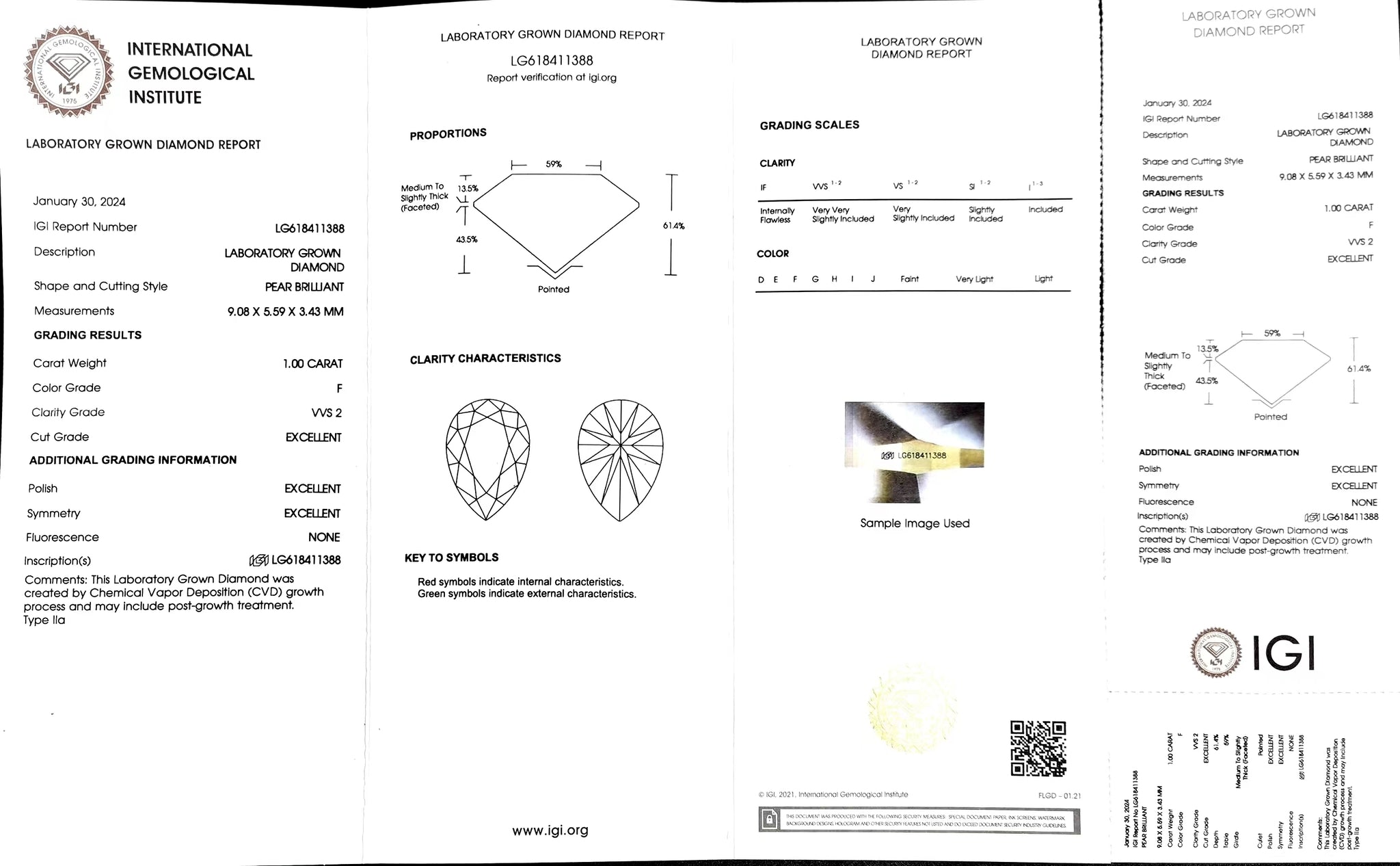  "IGI certificate for 1.00ct pear cut F color VVS2 lab diamond"