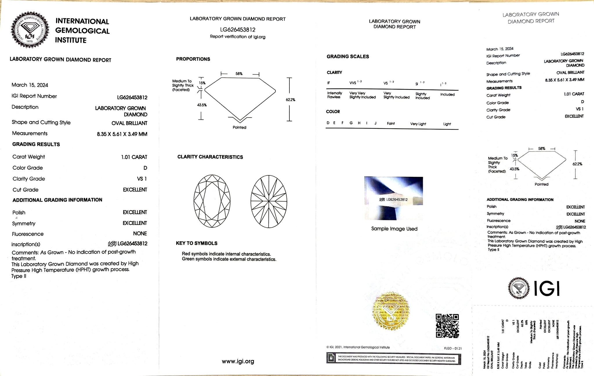IGI certificate for 1.01ct oval D color VS1 clarity lab diamond (Certificate #LG626453812)