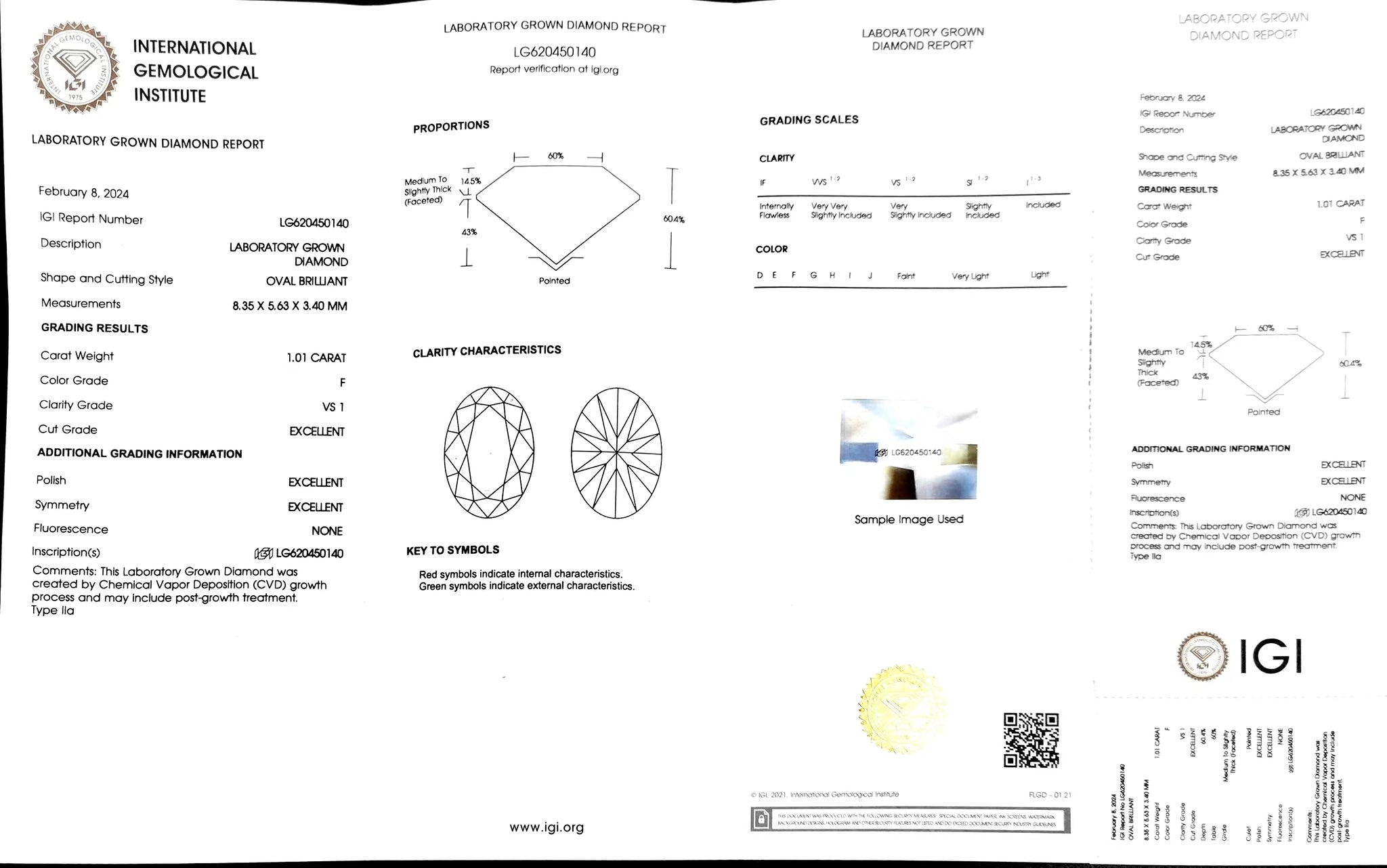 "IGI certificate for 1.01ct oval cut F color VS1 lab diamond"
