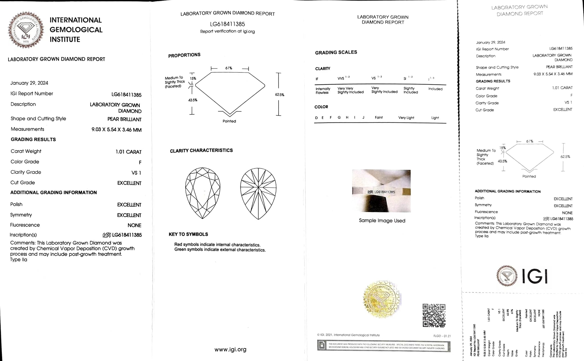 "IGI certificate for 1.01ct pear cut F color VS1 lab diamond"