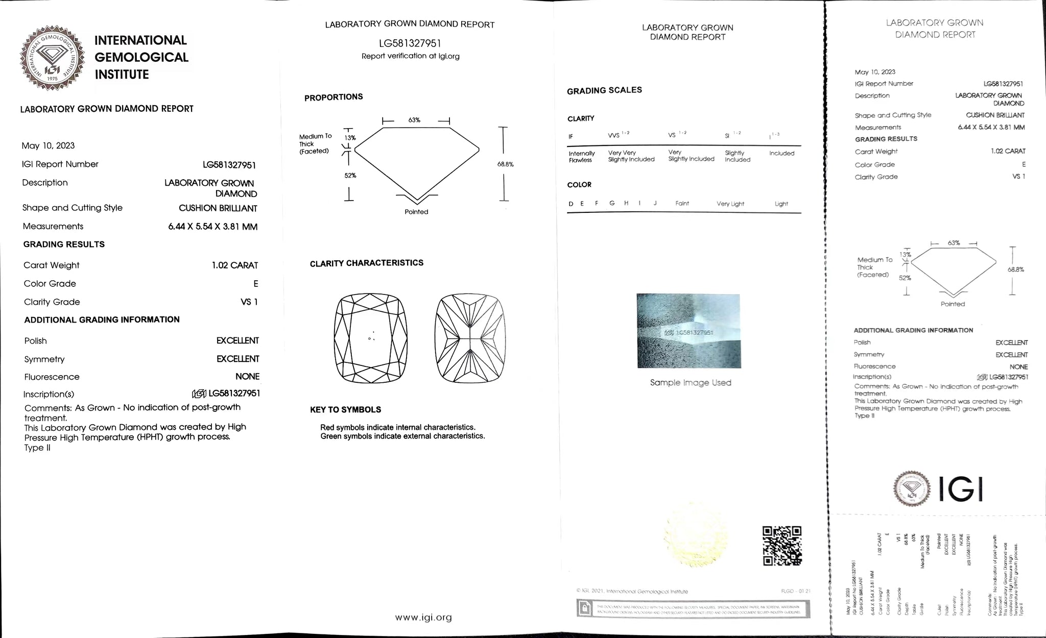 "IGI certificate for 1.02ct cushion cut E color VS1 lab diamond"