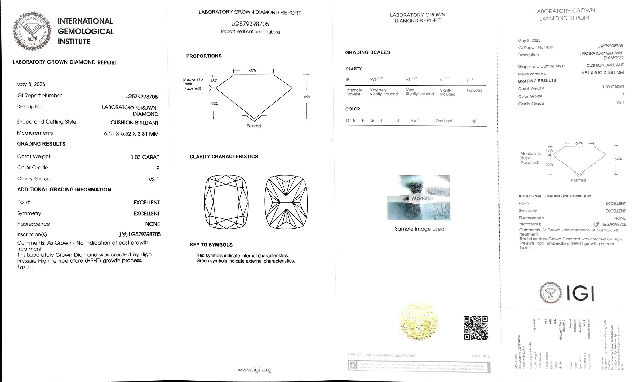 "IGI certificate for 1.03ct cushion cut F color VS1 lab diamond"