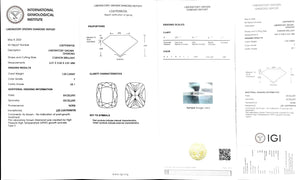 "IGI certificate for 1.03ct cushion cut F color VS1 lab diamond"