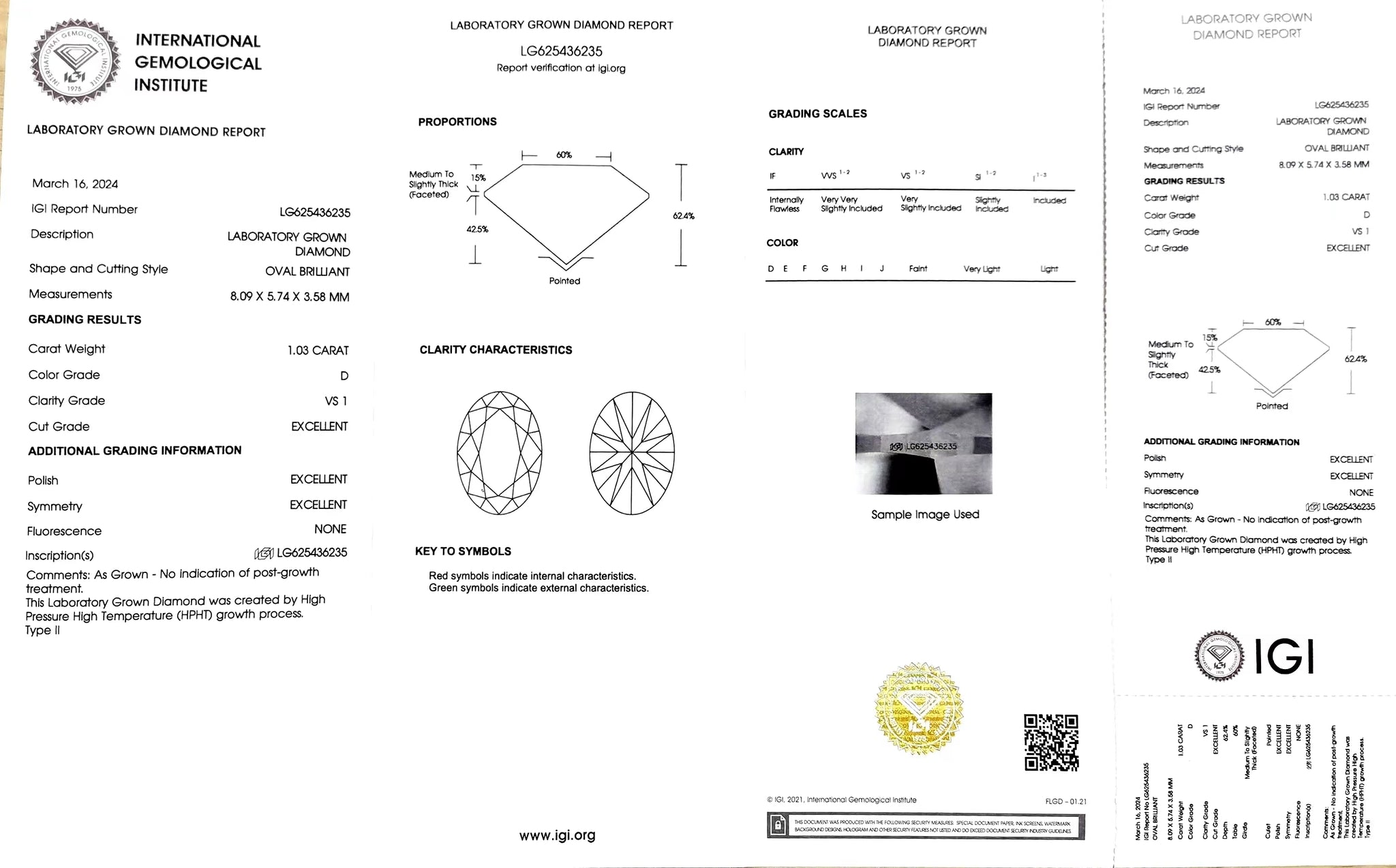 IGI certificate for 1.03ct oval D color VS1 clarity lab diamond (Certificate #LG625436235)