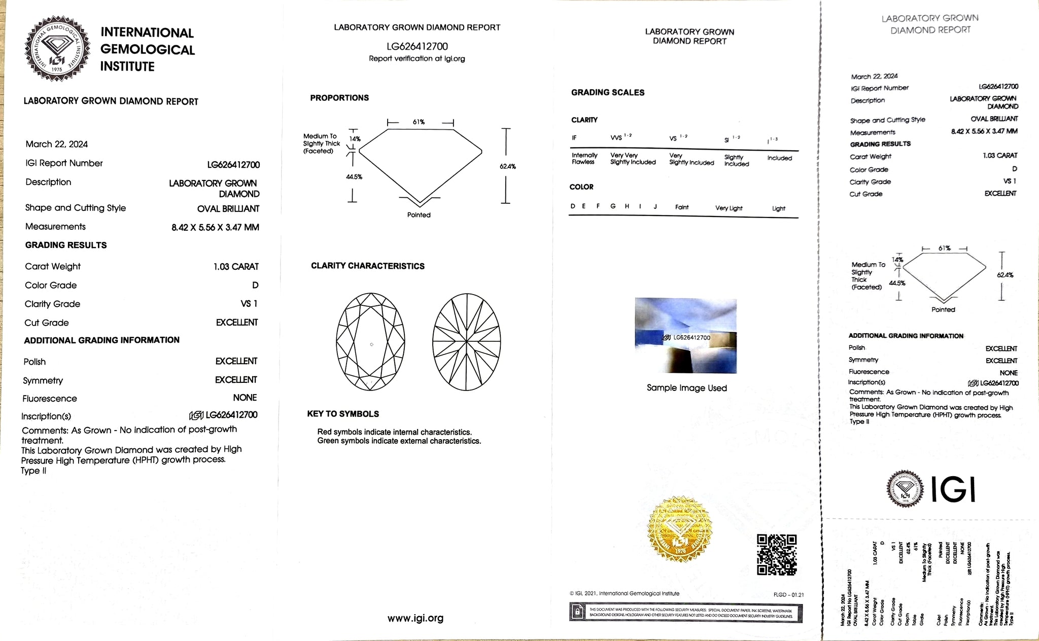 IGI certificate for 1.03ct oval D color VS1 clarity lab diamond (Certificate #LG626412700)