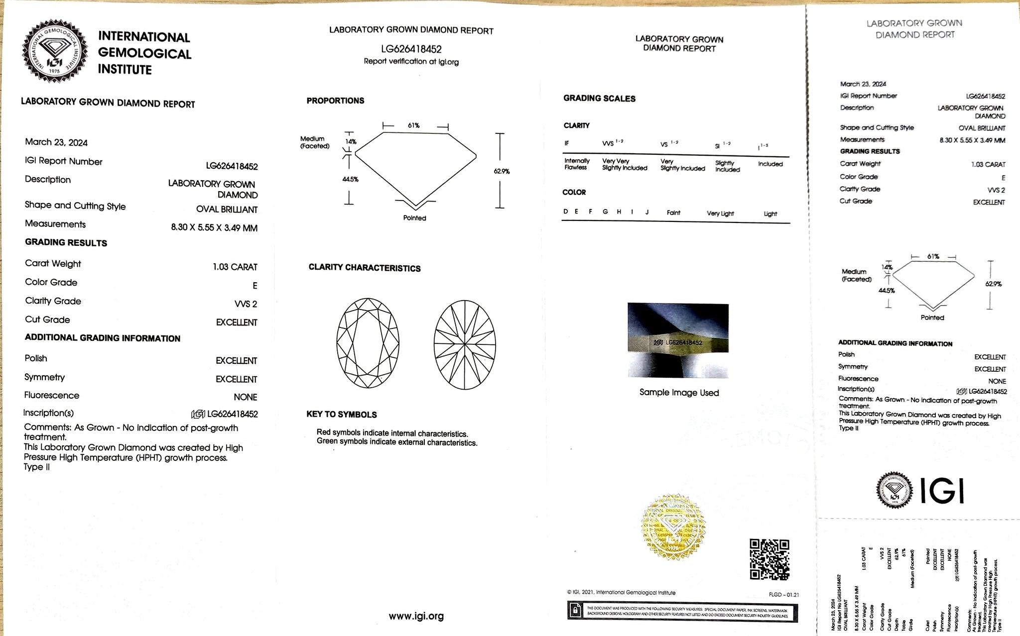 IGI certificate for 1.03ct oval E color VVS2 lab diamond (LG626418452)