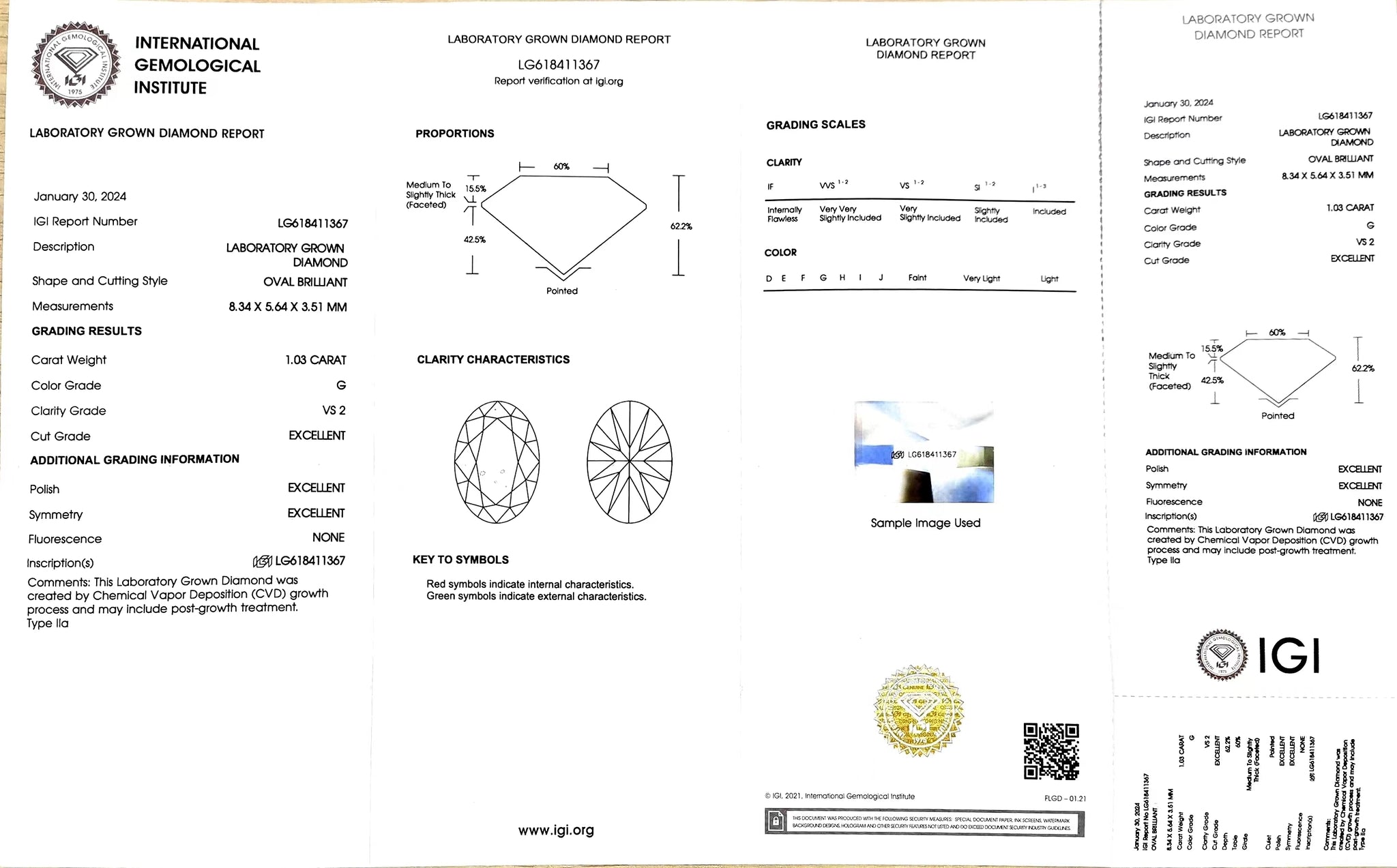 IGI certificate for 1.03ct oval G color VS2 clarity lab diamond (Certificate #LG618411367)