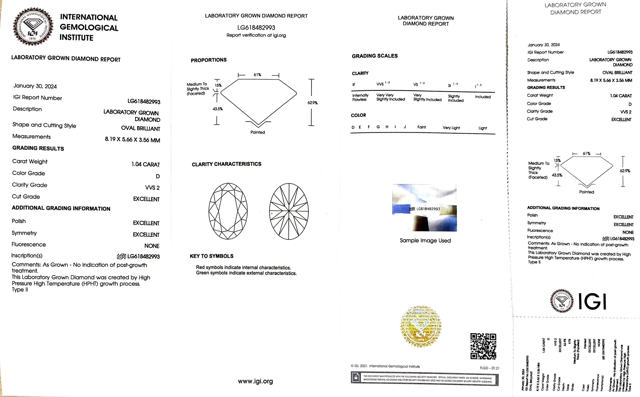 IGI certificate for 1.04ct oval D color VVS2 lab diamond (LG618482993)