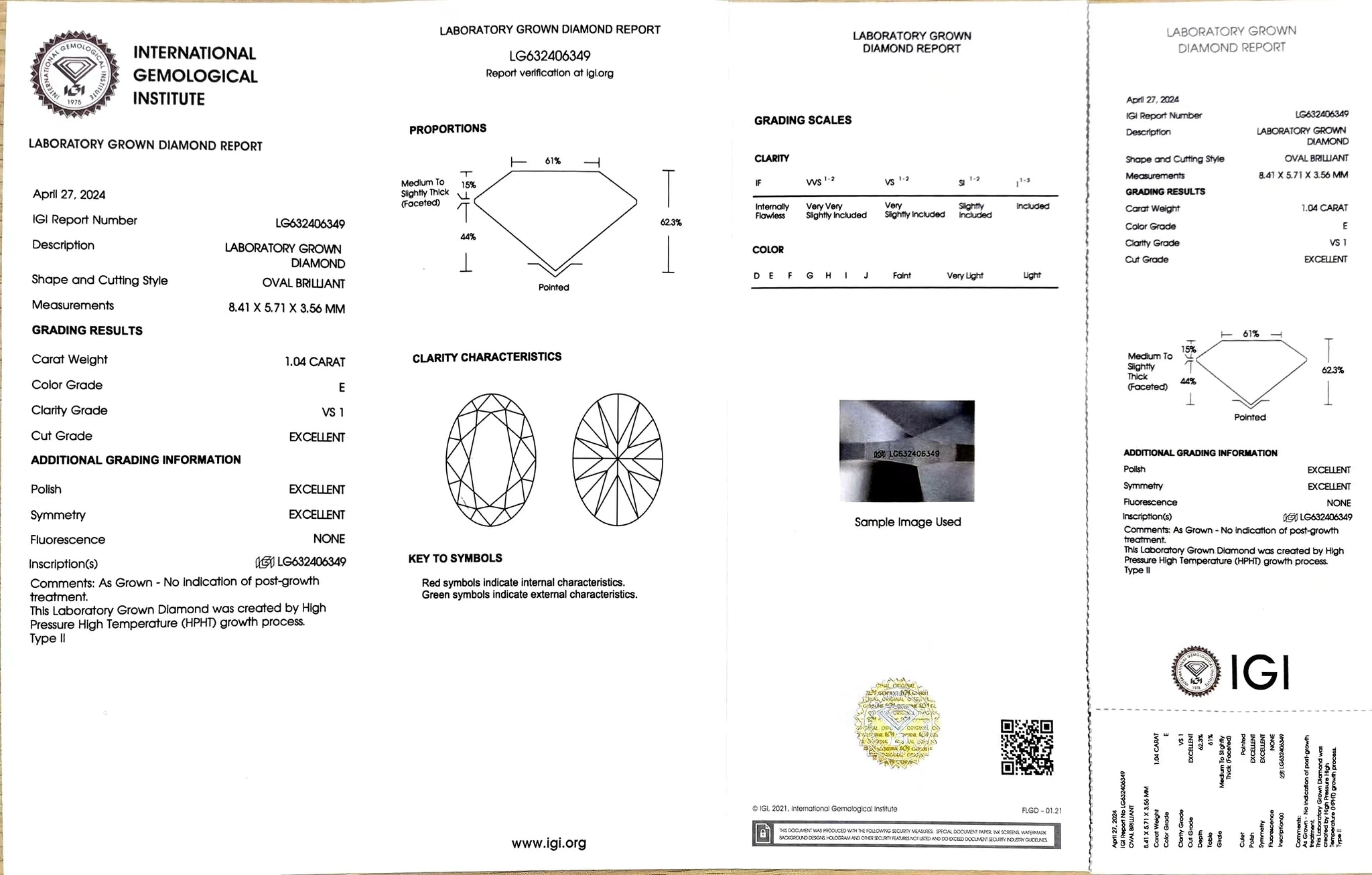 IGI certificate for 1.04ct oval E color VS1 lab diamond (LG632406349)