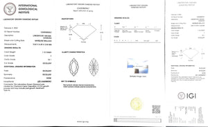 "IGI certificate for 1.12ct marquise cut F color VS1 lab diamond"