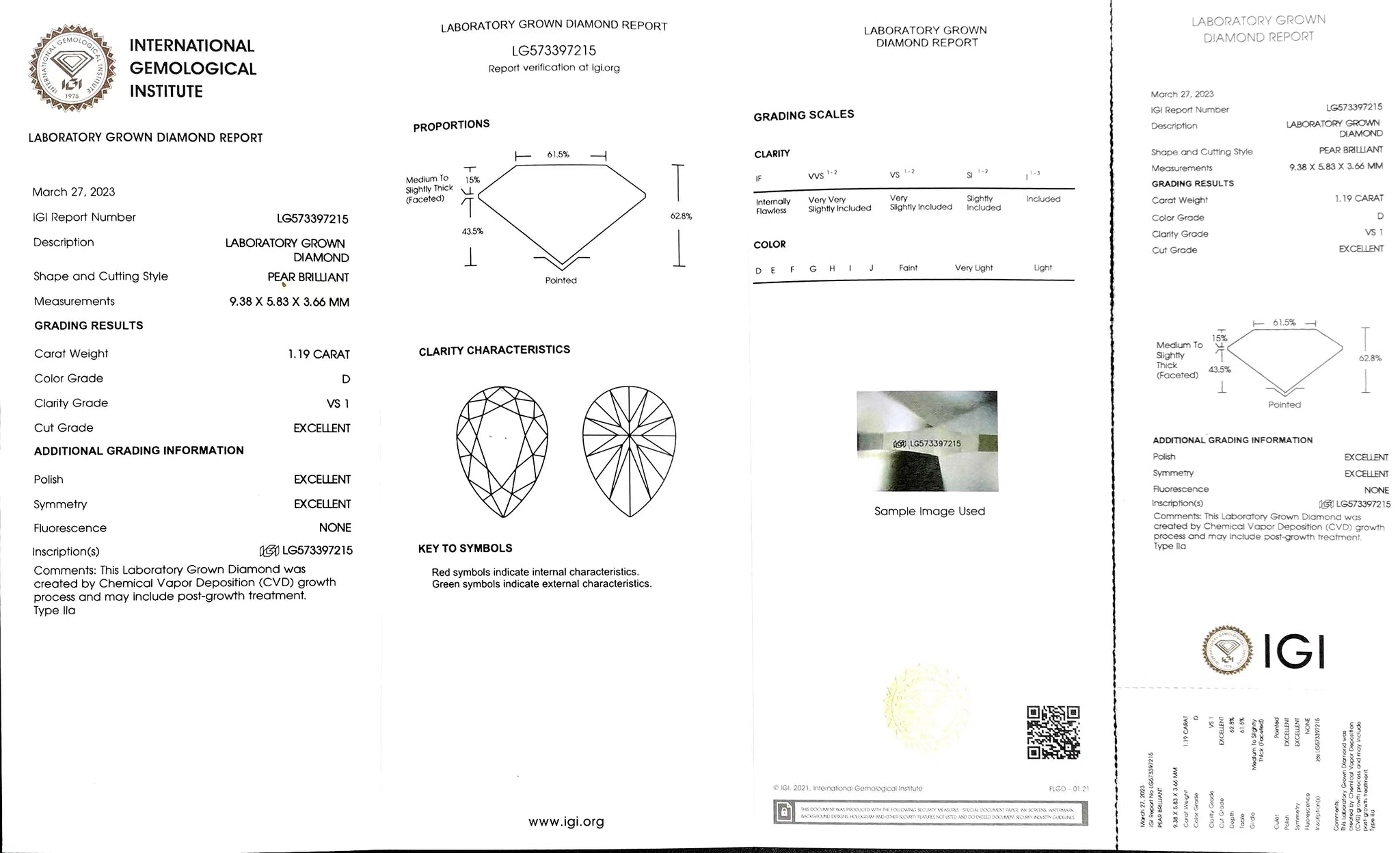 "IGI certificate for 1.19ct pear cut D color VS1 lab diamond"
