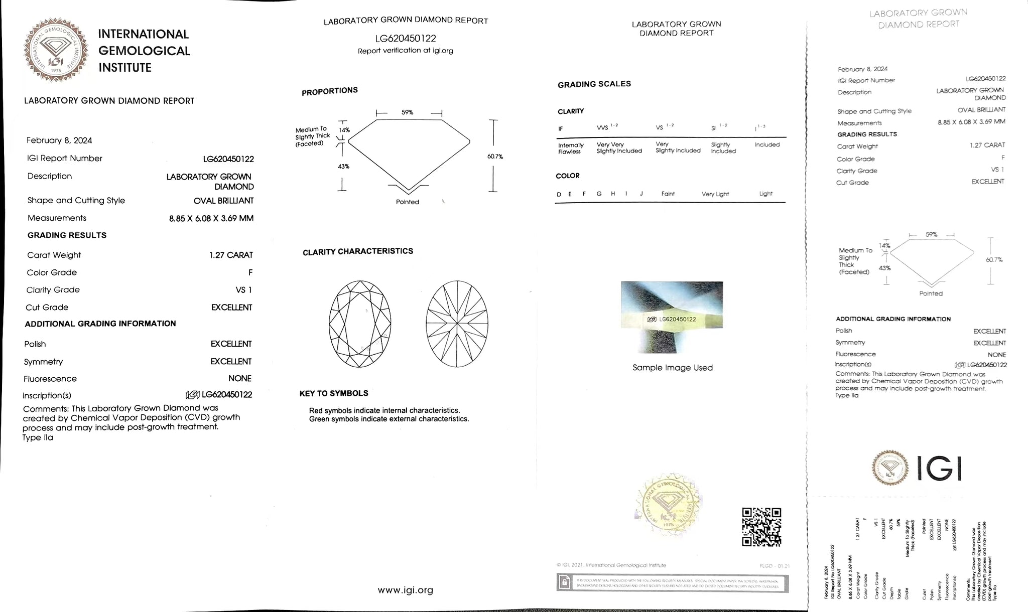 "IGI certificate for 1.27ct oval cut F color VS1 clarity lab-grown diamond"