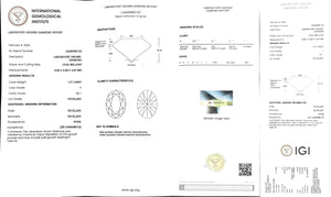 "IGI certificate for 1.27ct oval cut F color VS1 clarity lab-grown diamond"