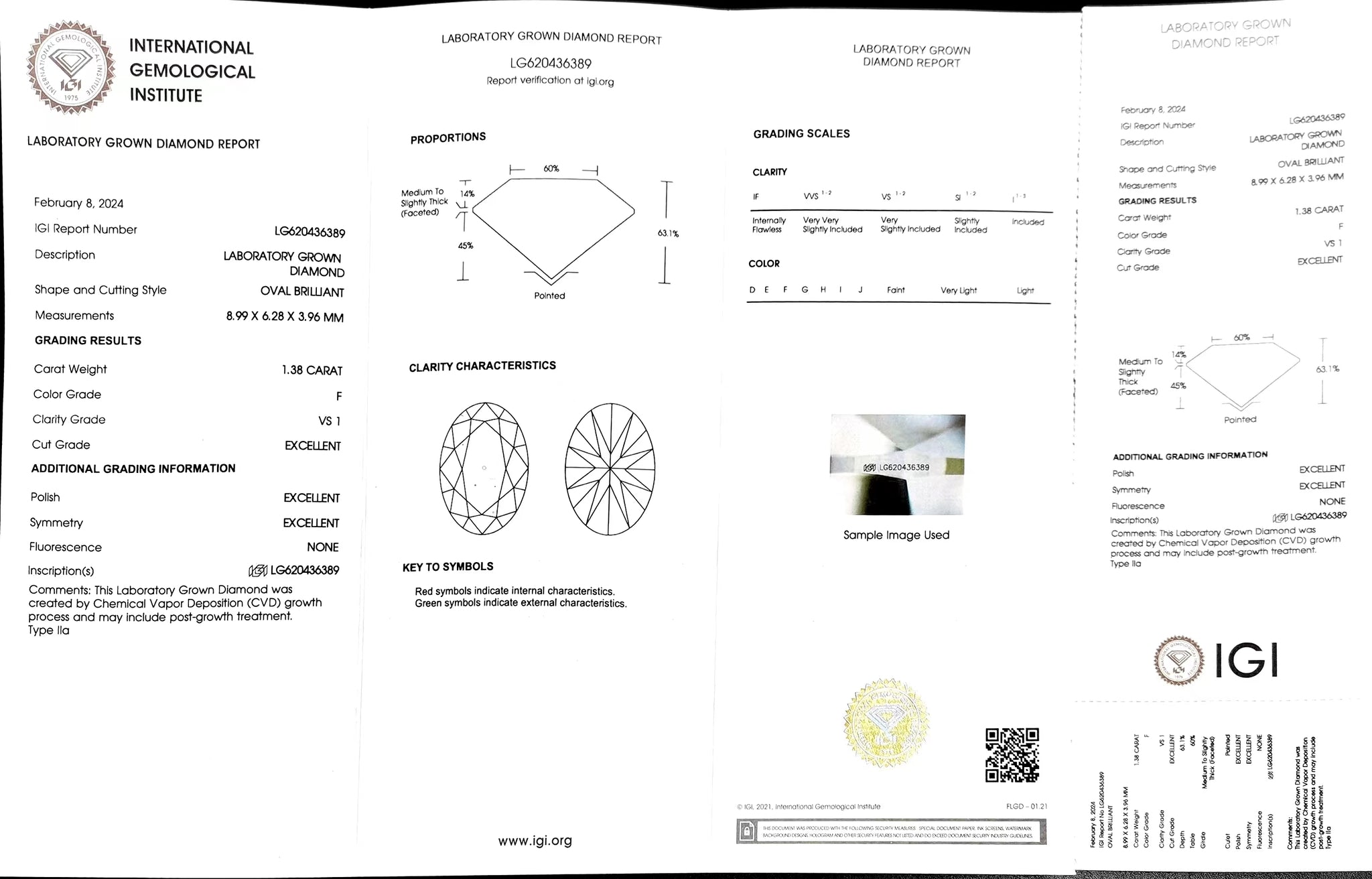 "IGI certificate for 1.38ct oval cut F color VS1 lab diamond"