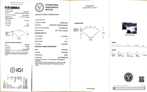 "IGI certificate for 1.59ct oval cut D color VVS2 clarity lab-grown diamond"