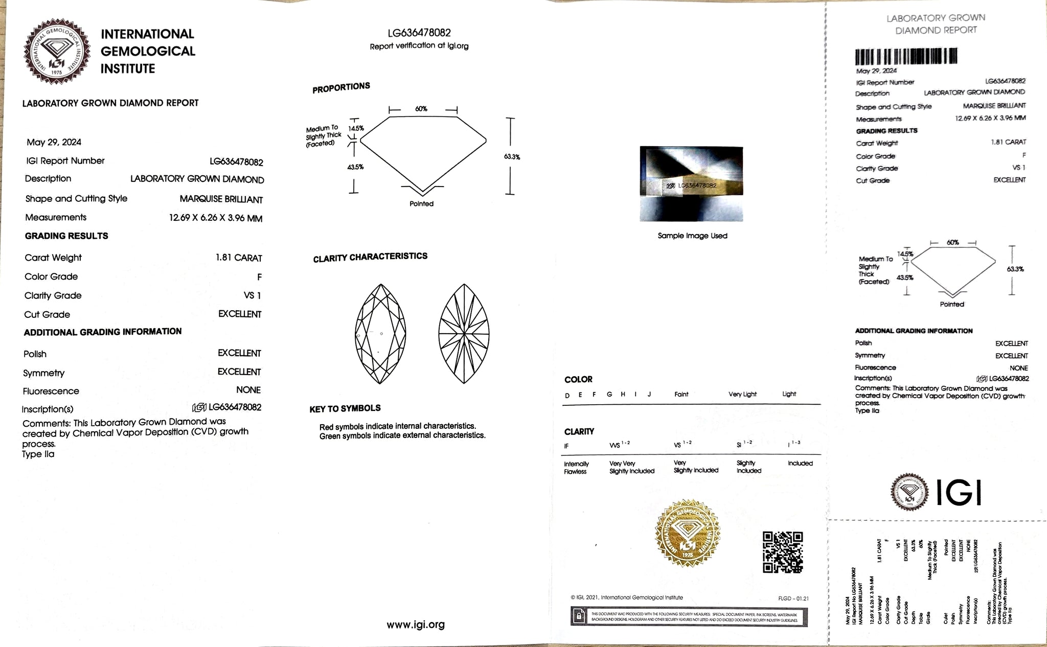 IGI certificate for 1.81ct marquise F color VS1 clarity lab diamond (LG636478082)