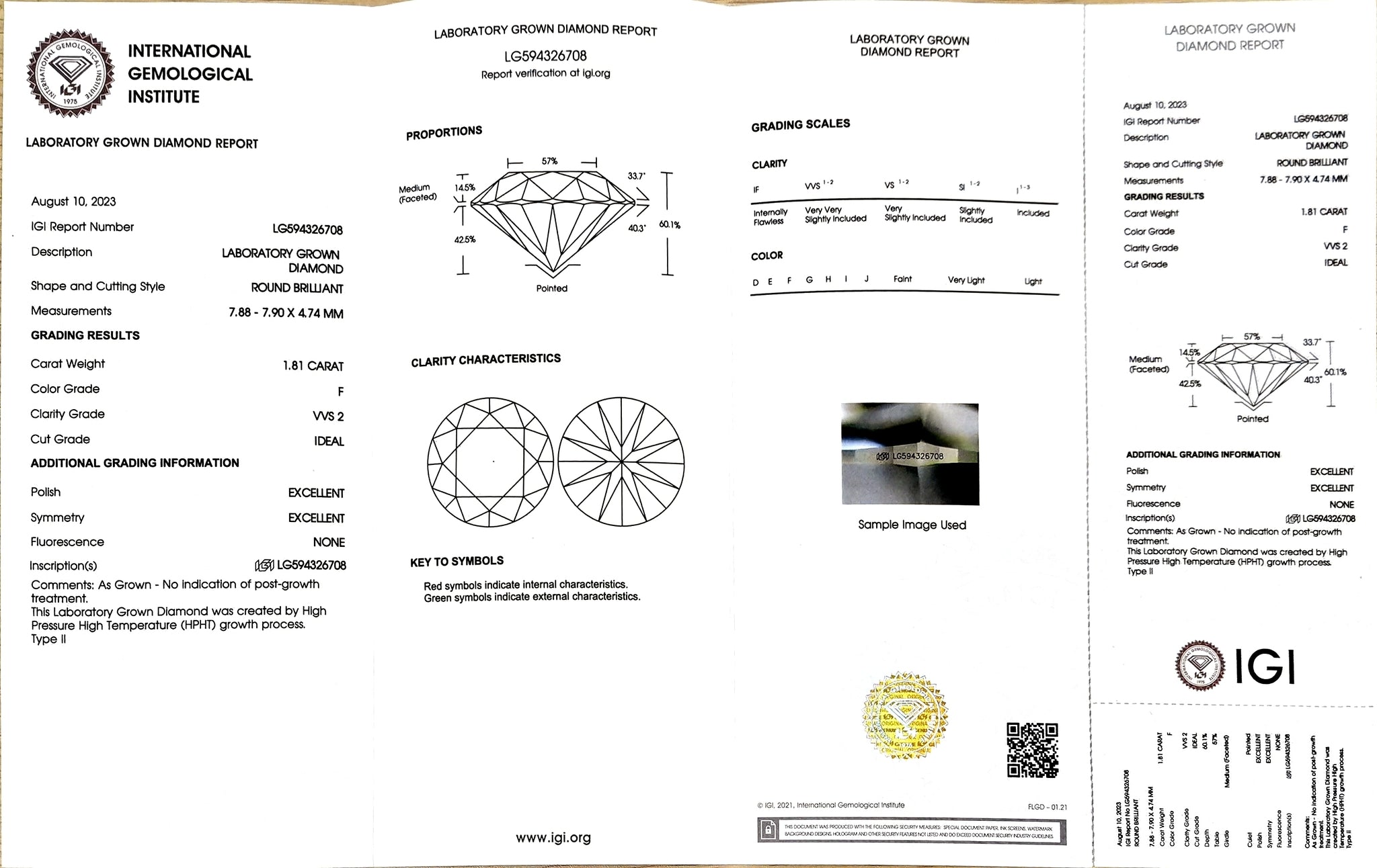 IGI certificate for 1.81ct round F color VVS2 clarity excellent cut lab-grown diamond