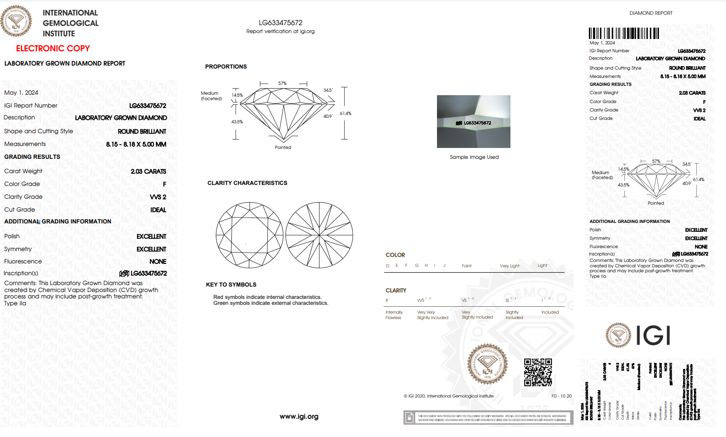 IGI certificate for 2.03ct round ideal cut F/VVS2 lab diamond (LG633475672)