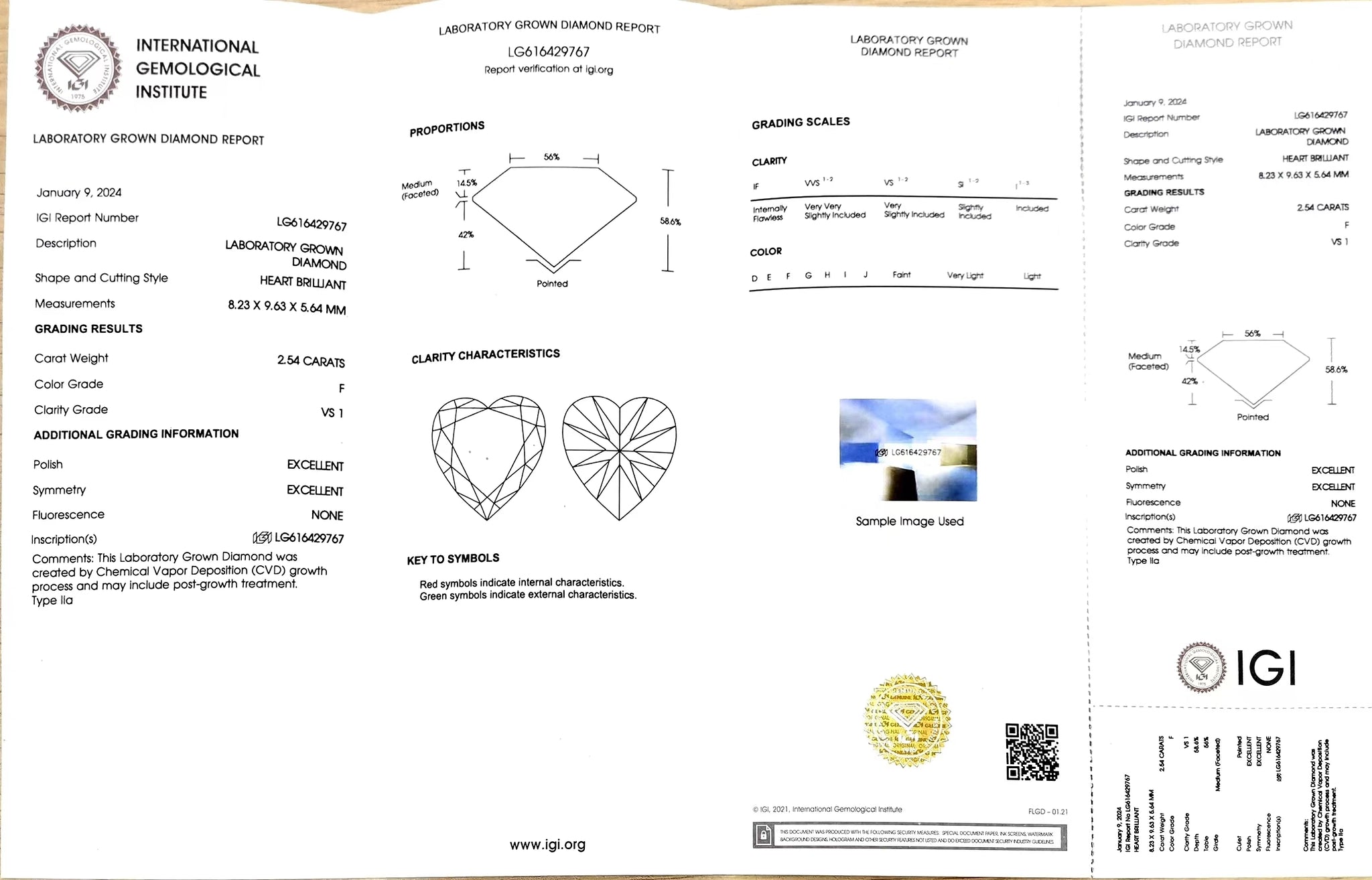 IGI certificate for 2.54ct heart F color VS1 clarity lab diamond (LG616429767)