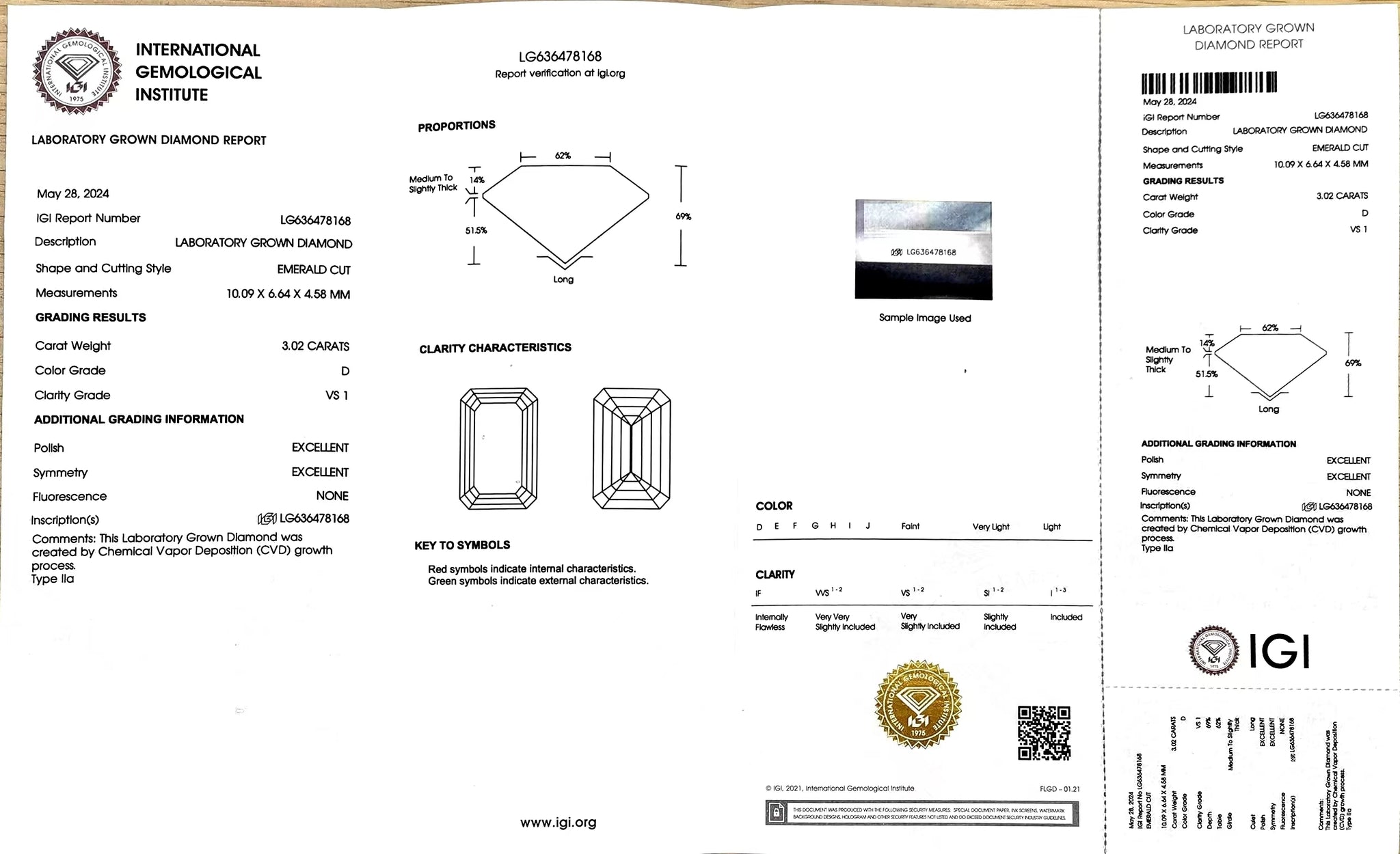 IGI certificate for 3.02ct emerald D color VS1 clarity lab diamond (LG636478168)