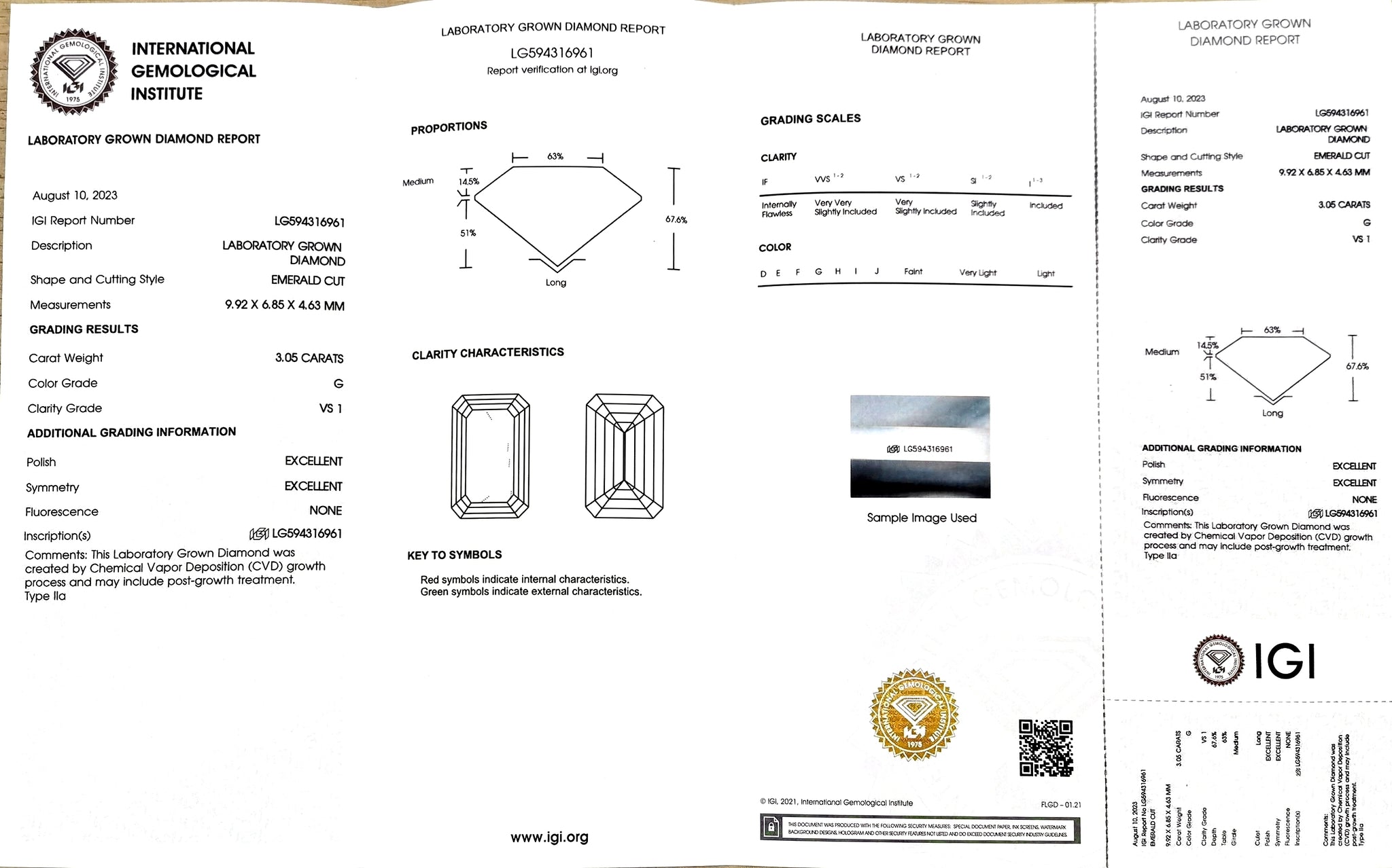 IGI certificate for 3.05ct emerald G color VS1 clarity lab diamond (LG594316961)