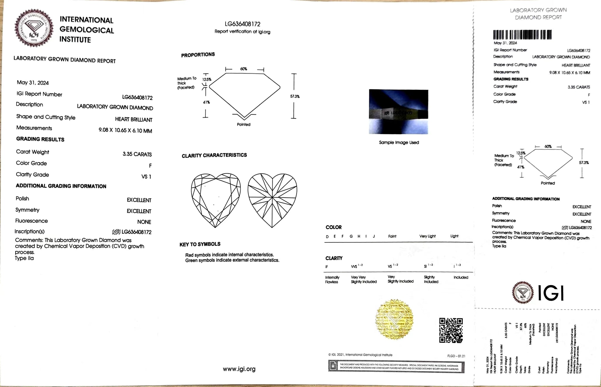 IGI certificate for 3.35ct heart F color VS1 clarity lab diamond (LG636408172)