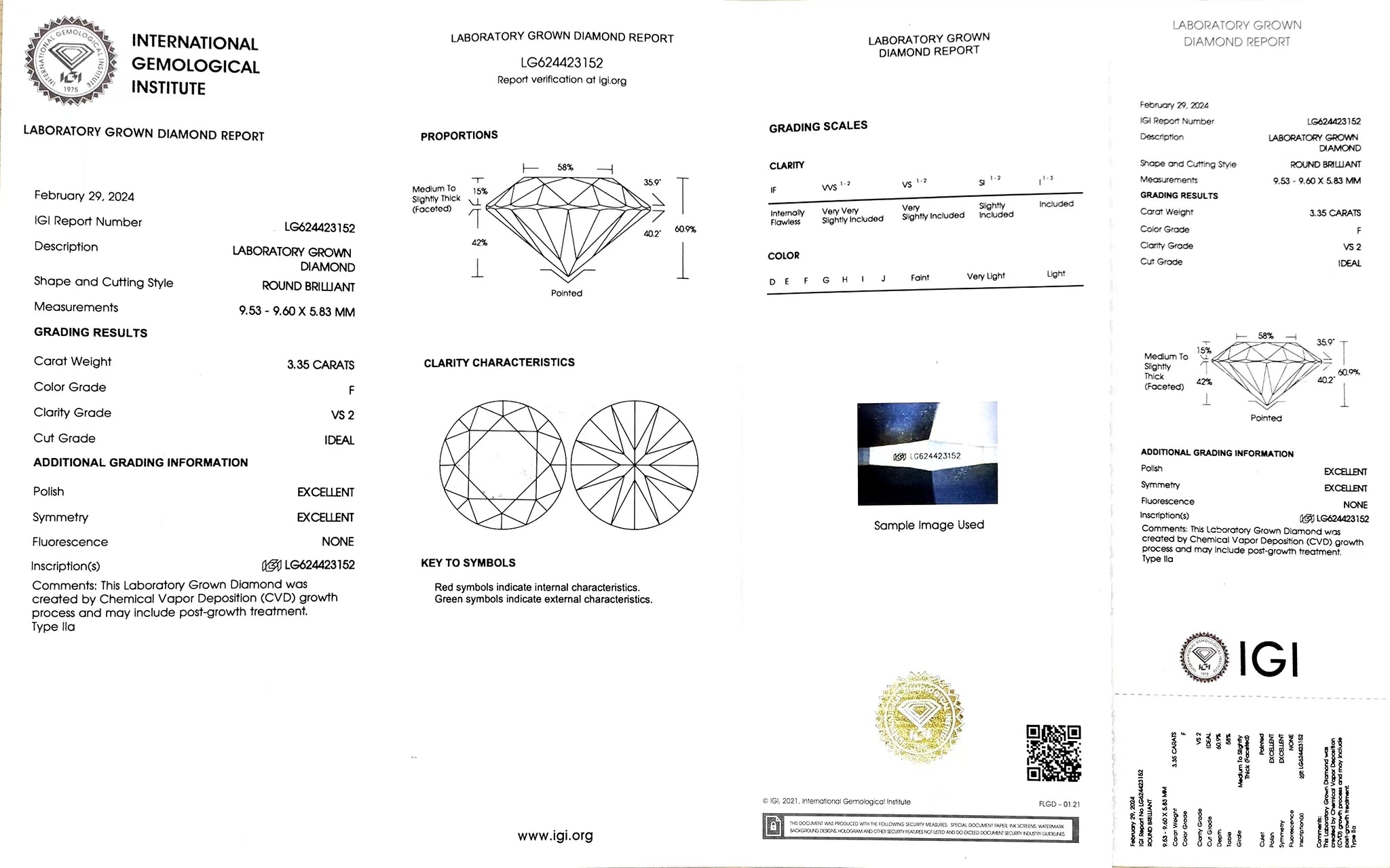 IGI certificate for 3.35ct round F color VS2 clarity lab diamond (LG624423152)