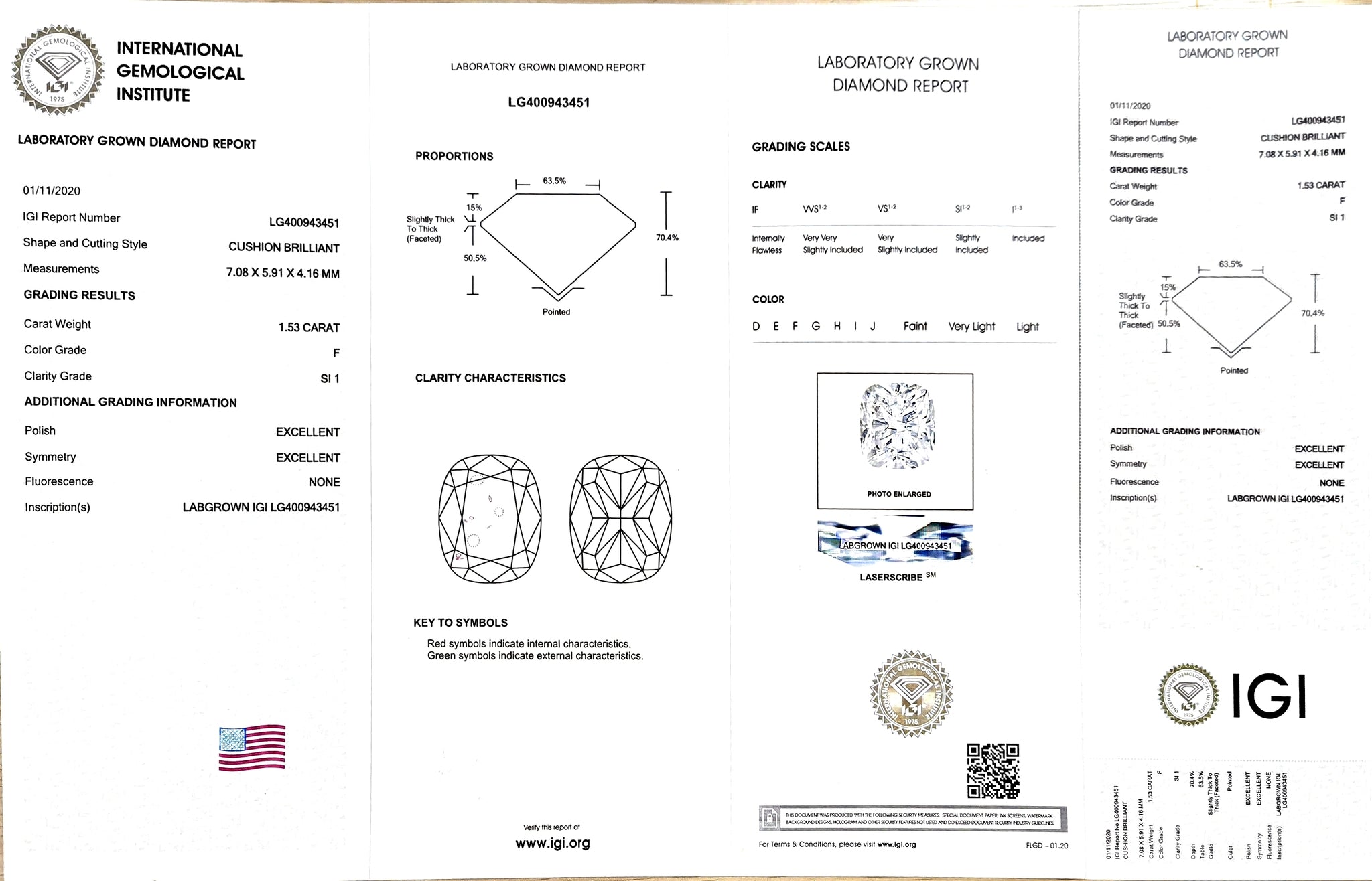 IGI certificate for 1.53ct cushion F color SI1 lab-grown diamond