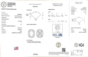 IGI certificate for 1.53ct cushion F color SI1 lab-grown diamond