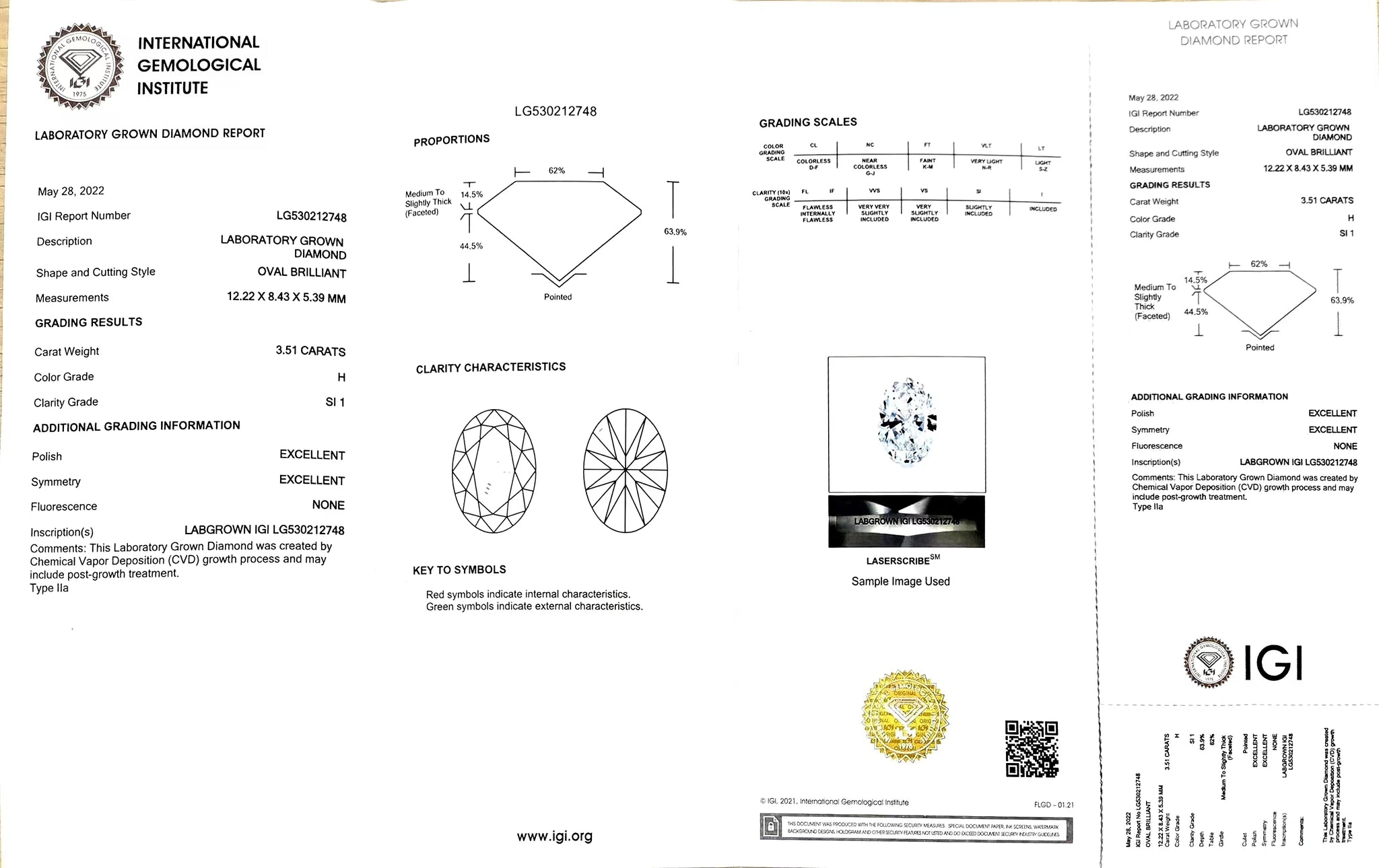 IGI certificate for 3.51ct oval H color SI1 lab-grown diamond"