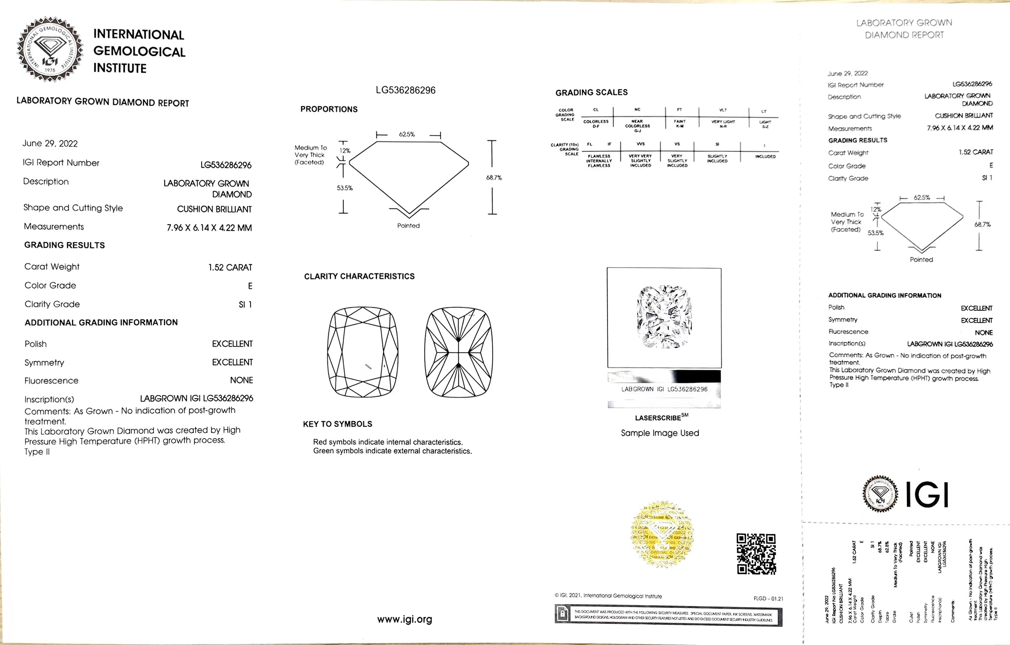 IGI report for 1.52ct cushion E color SI1 lab diamond