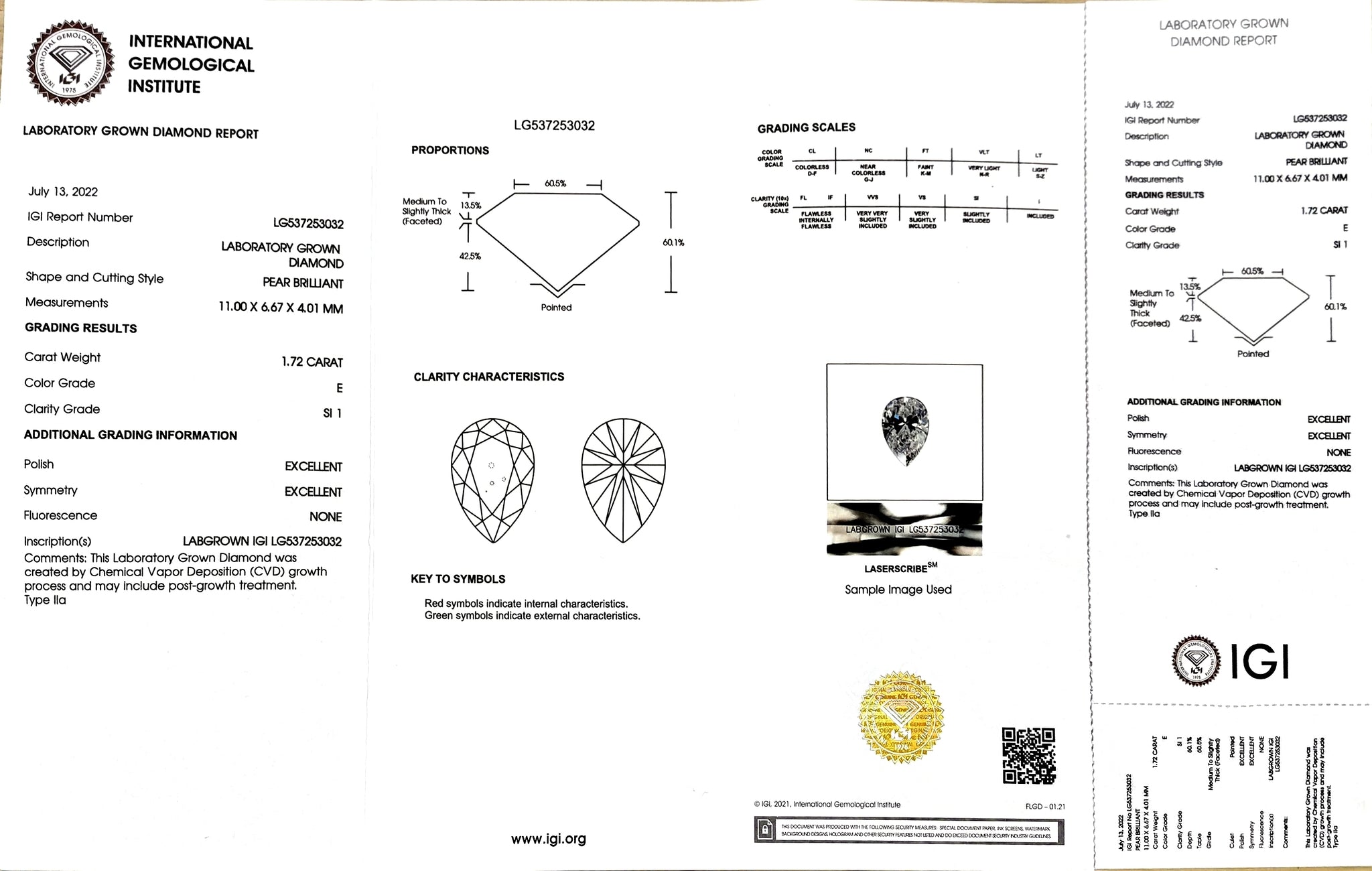 IGI report for 1.72ct pear E color SI1 lab-grown diamond