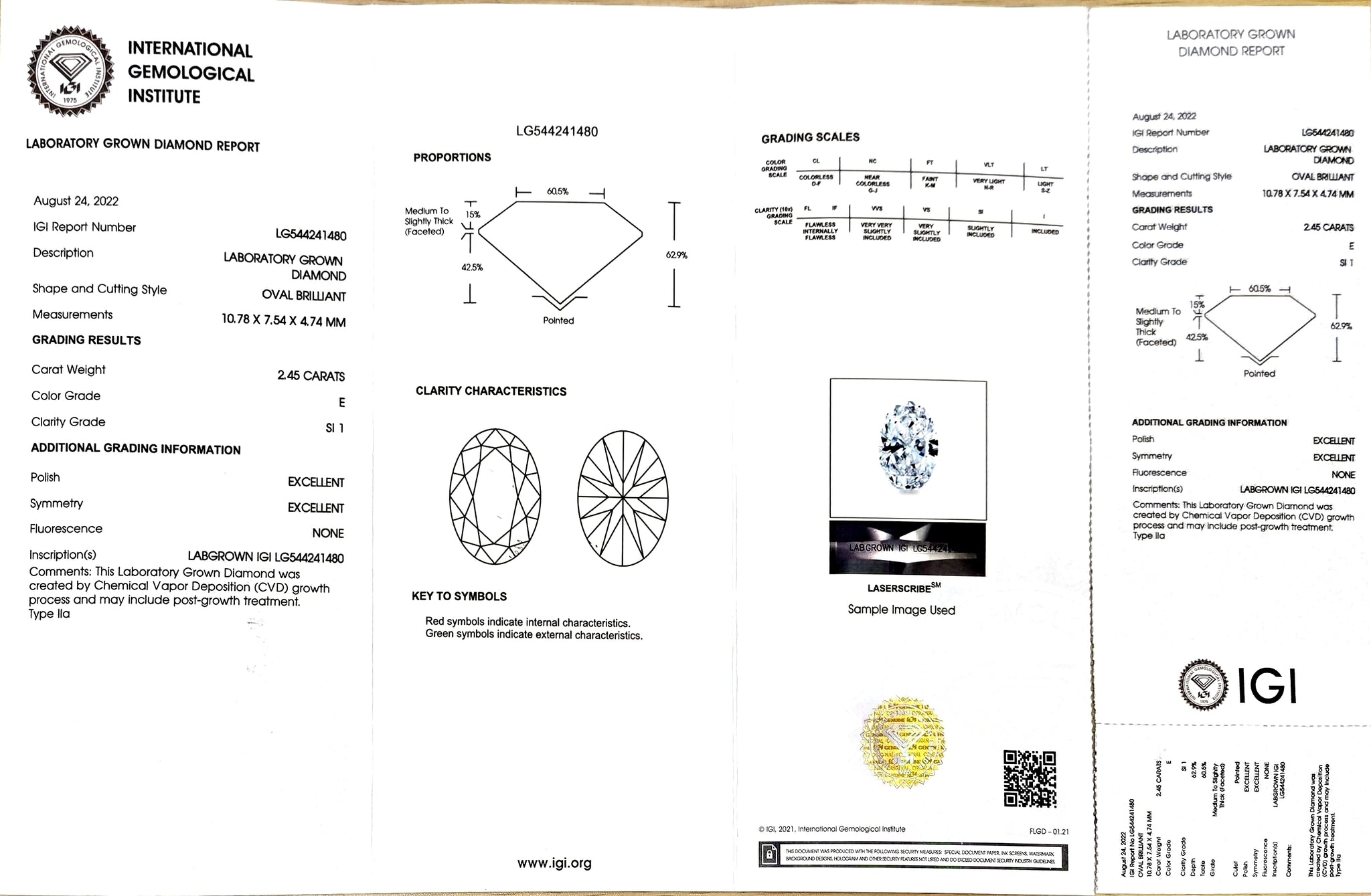 IGI certification for 2.45ct oval E color SI1 lab-created diamond