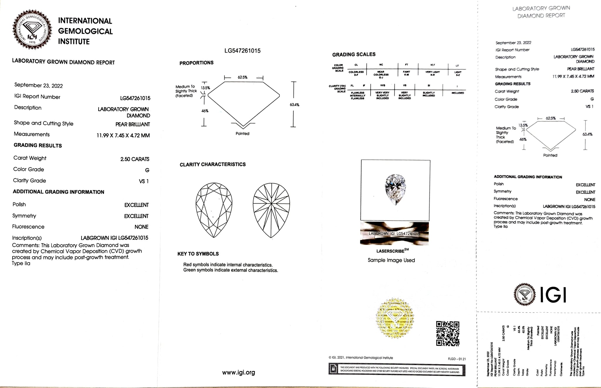 IGI certification for 2.50ct pear G color VS1 lab diamond