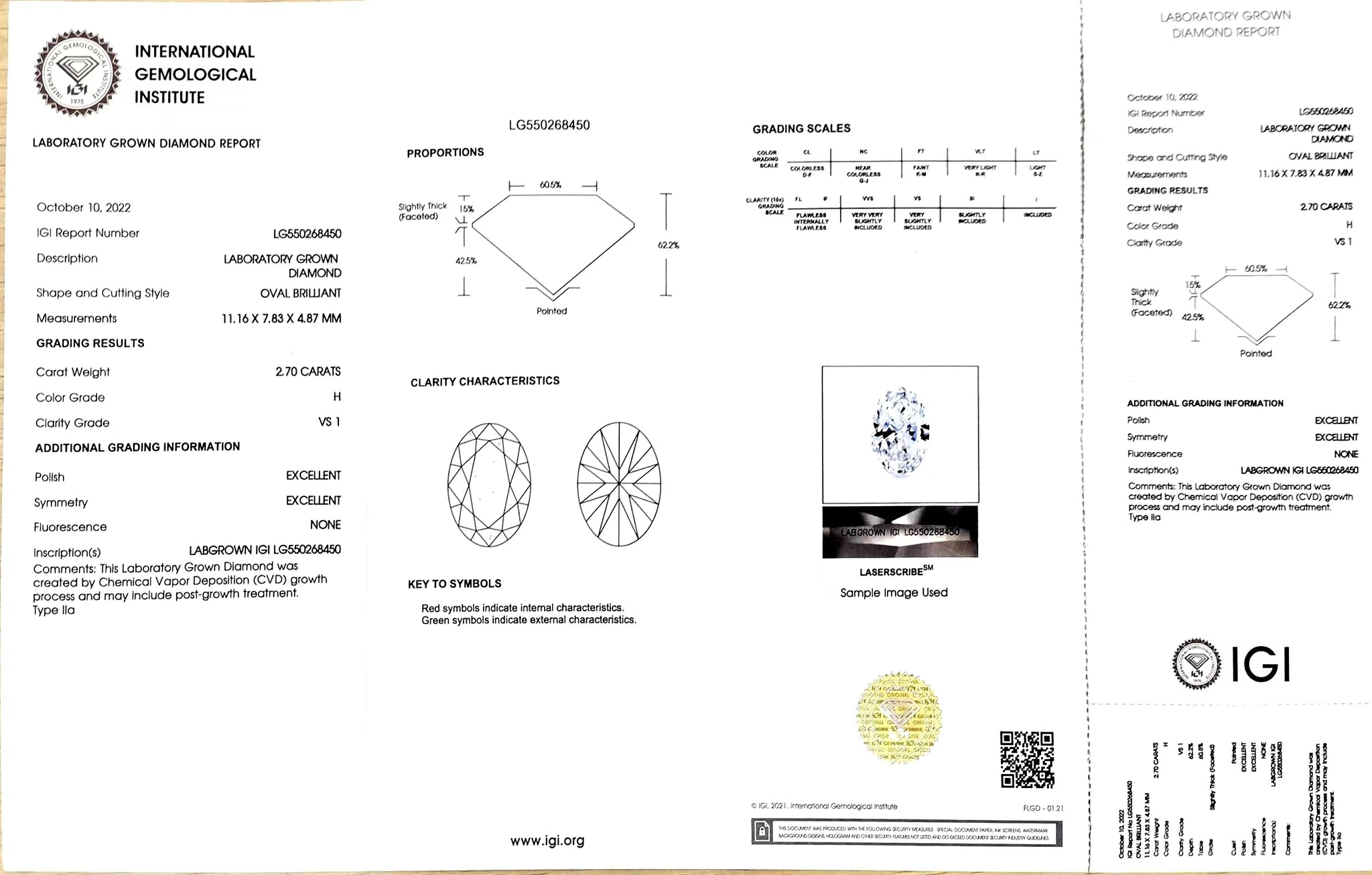 IGI certification for 2.70ct oval H color VS1 lab diamond