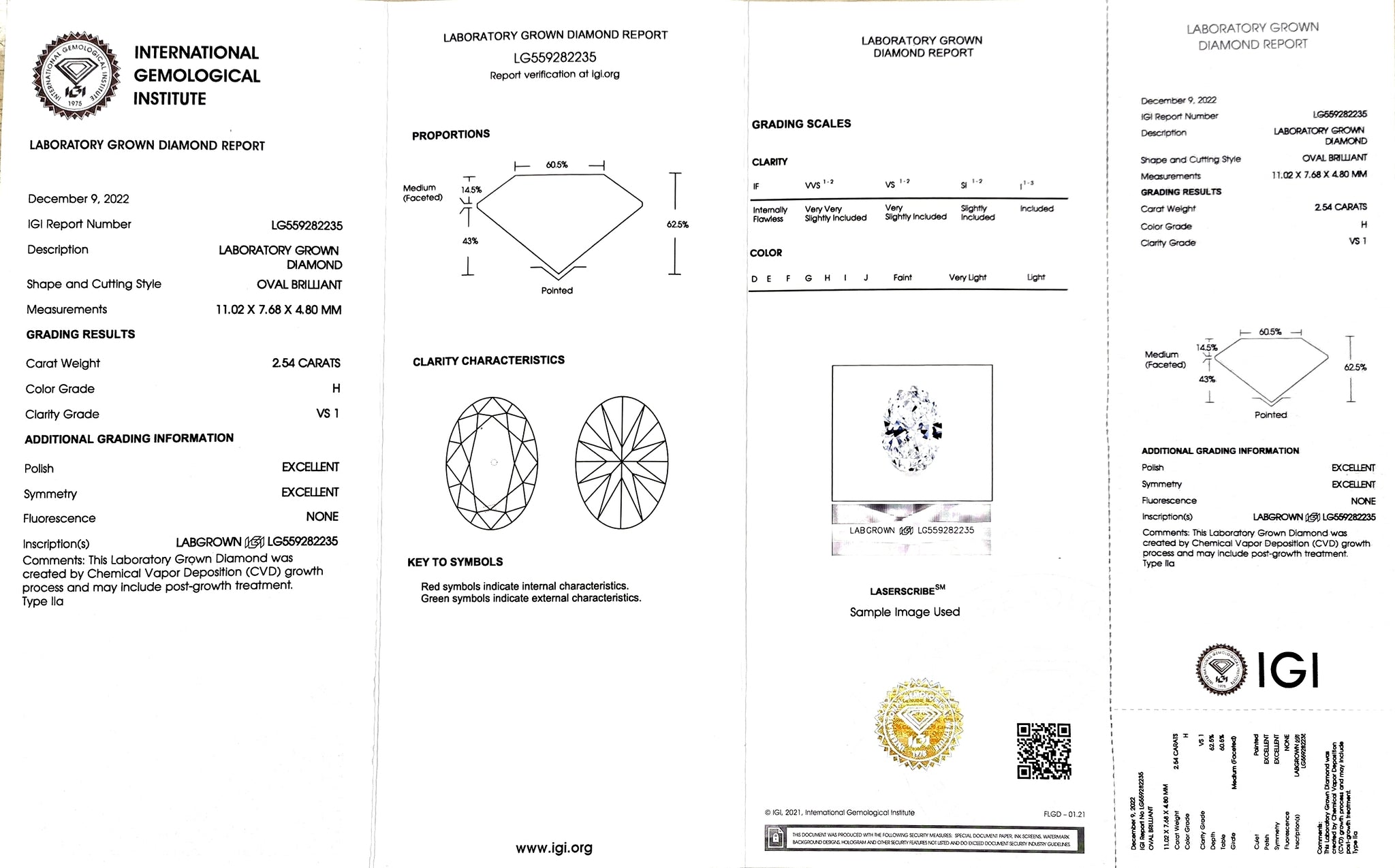 IGI certificate for 2.54ct oval H color VS1 clarity lab-created diamond