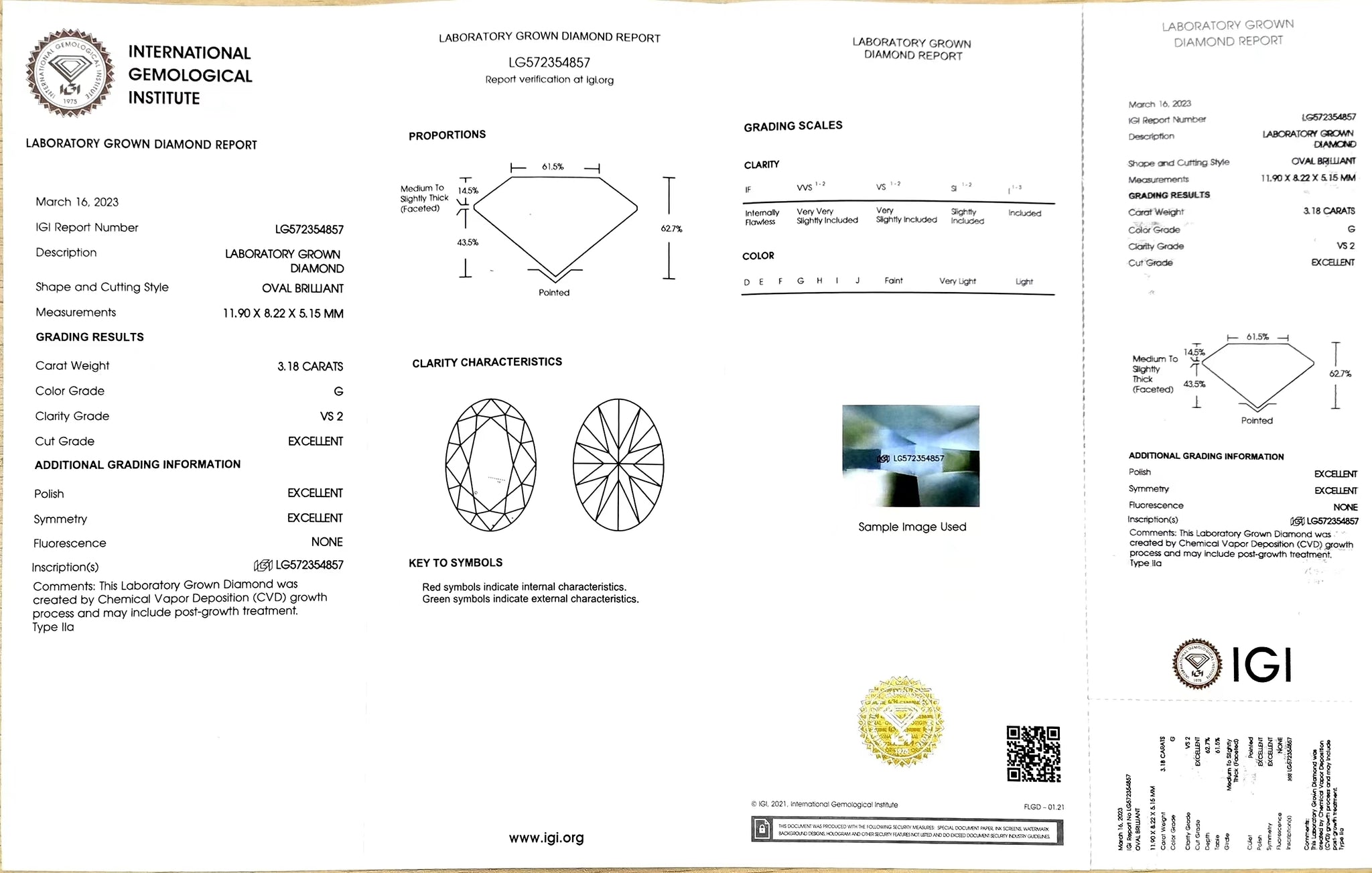 IGI report for 3.18ct oval G color VS2 lab-grown diamond