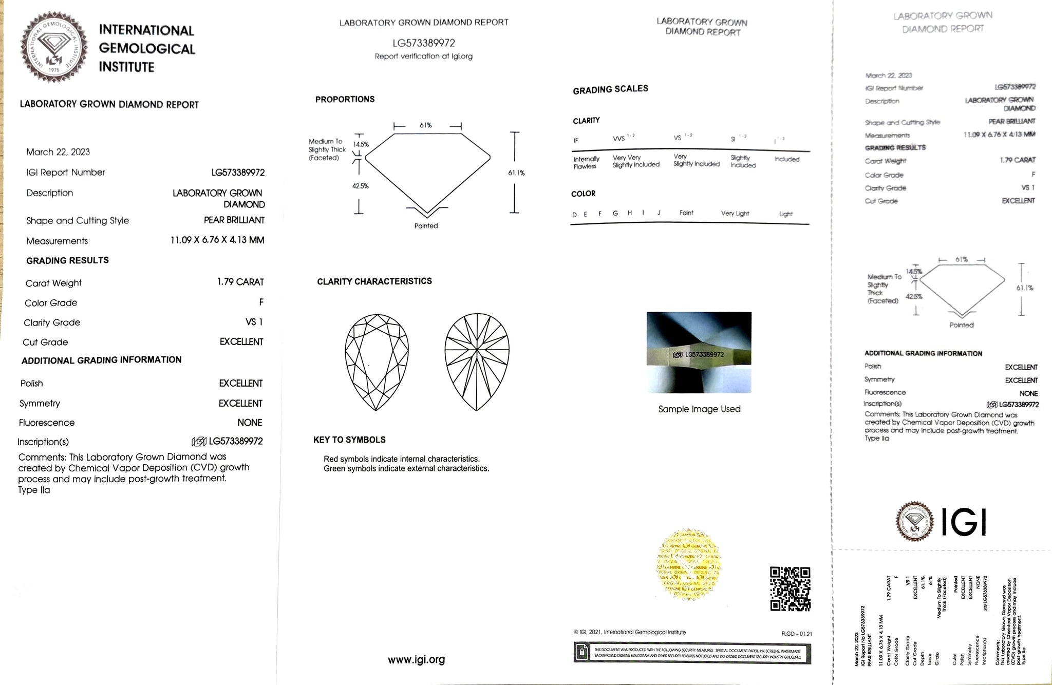 IGI certificate for 1.79ct pear F color VS1 clarity lab-created diamond