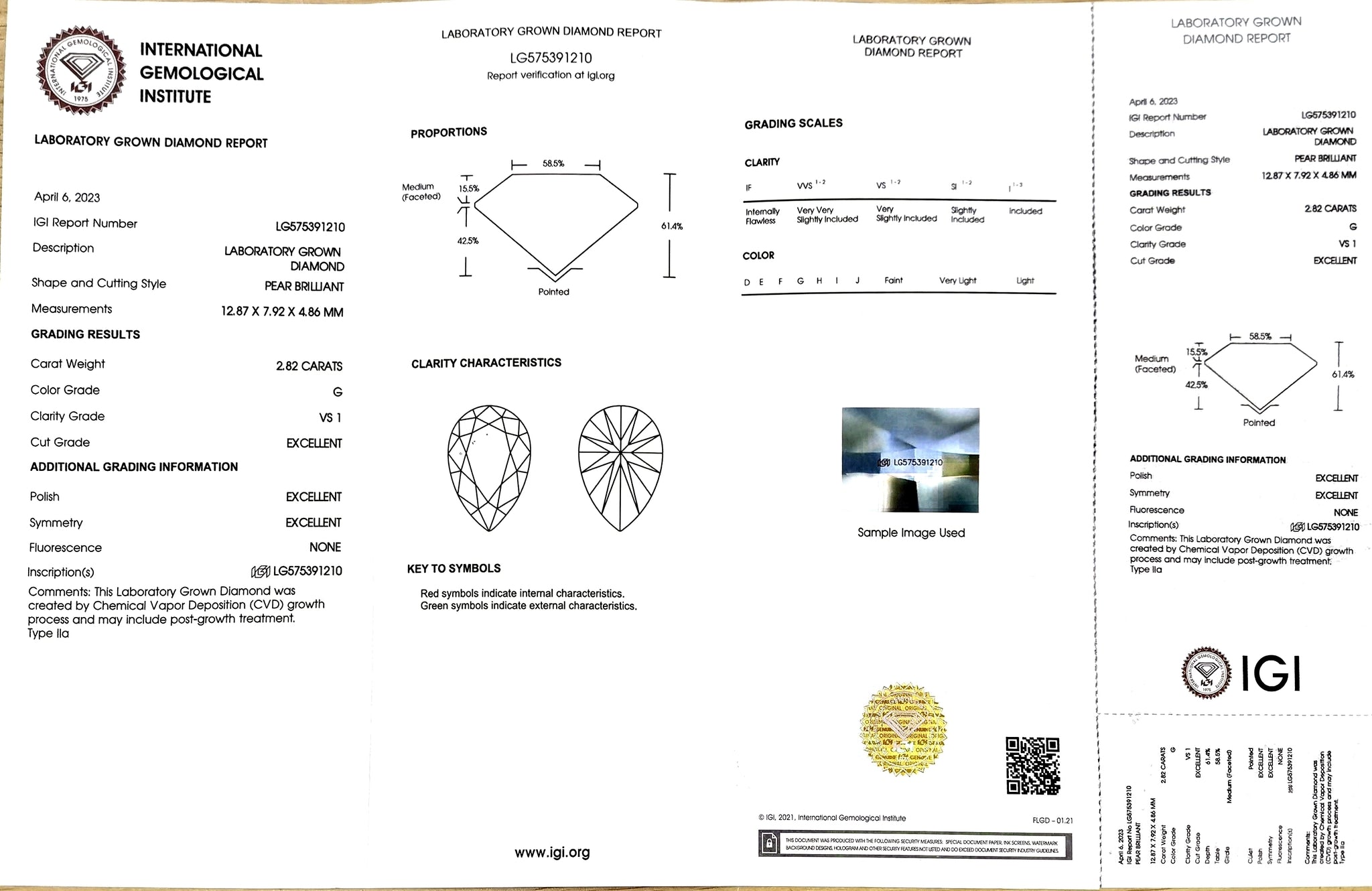 IGI certificate for 2.82ct pear G color VS1 clarity lab-created diamond