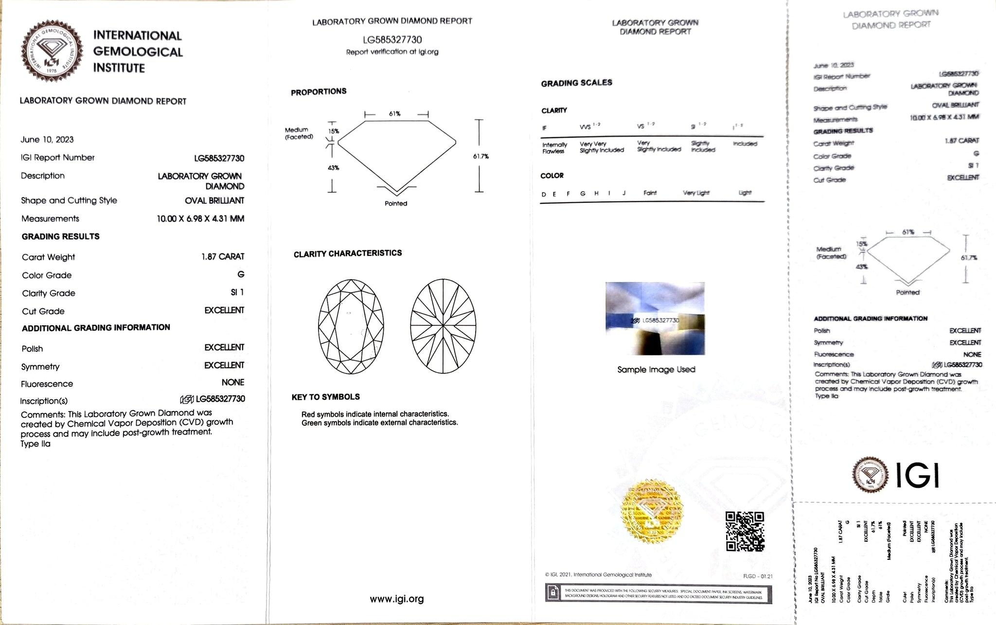 IGI certification for 1.87ct oval G color SI1 clarity lab-created diamond