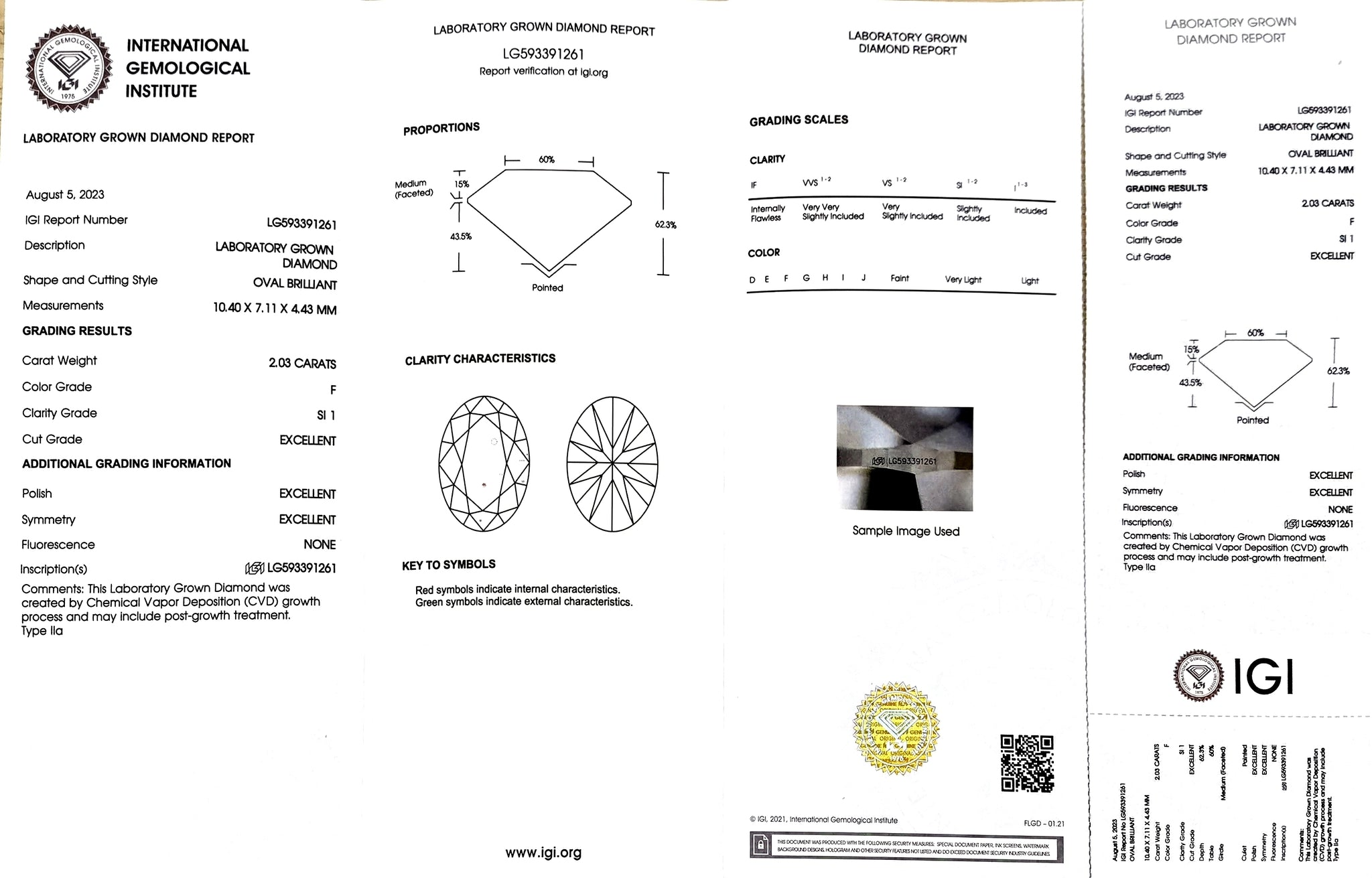IGI report for 2.03ct oval F color SI1 clarity lab diamond