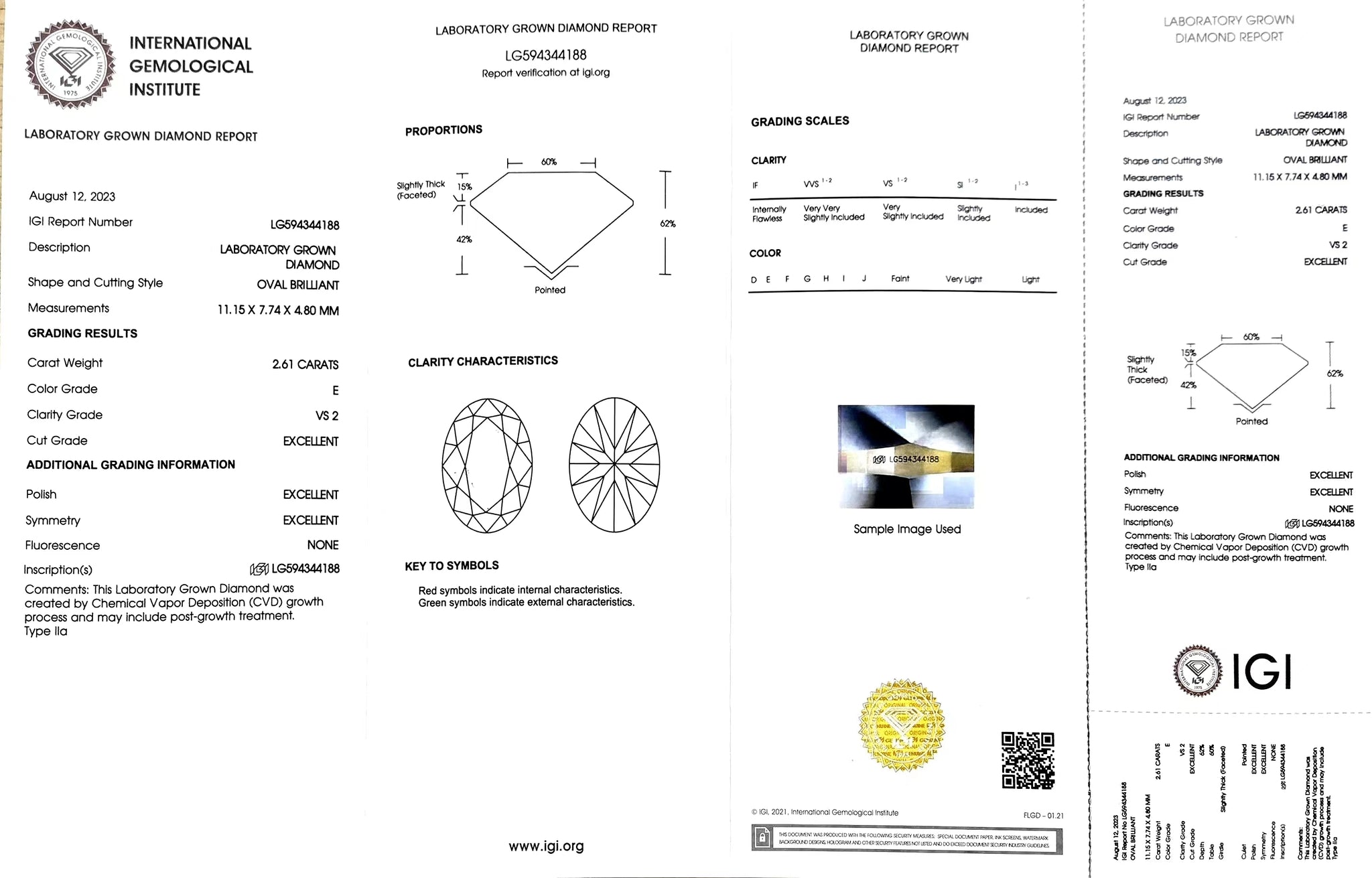 IGI certification for 2.61ct oval E color VS2 lab-created diamond