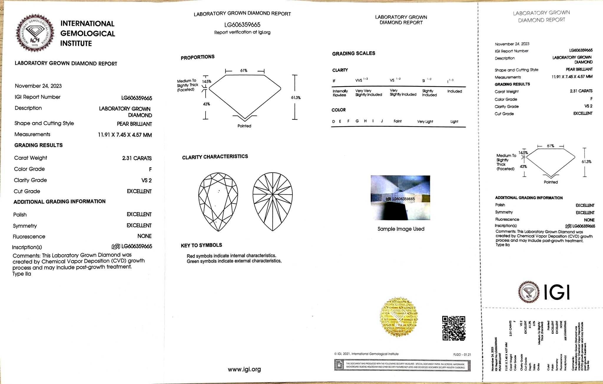 IGI certification for 2.31ct pear F color VS2 lab diamond