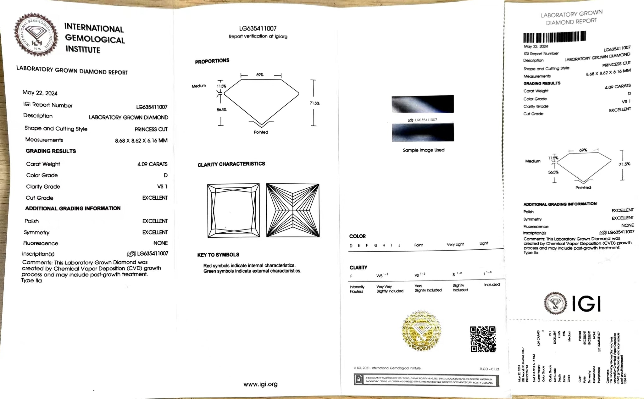 IGI certificate for 4.09ct princess cut D color VS1 lab diamond (Report #LG635411007)