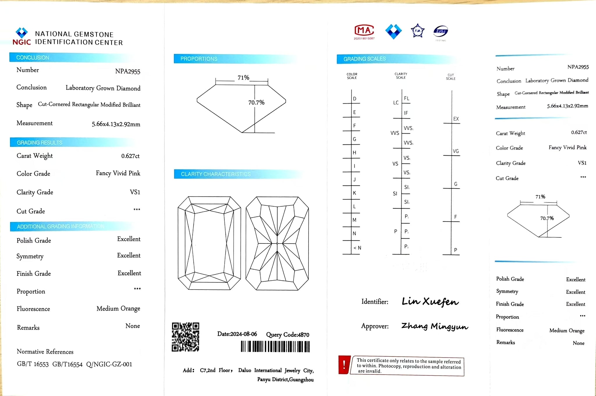 NGIC certificate for 0.627ct radiant fancy vivid pink VS1 lab diamond (NPA2955)