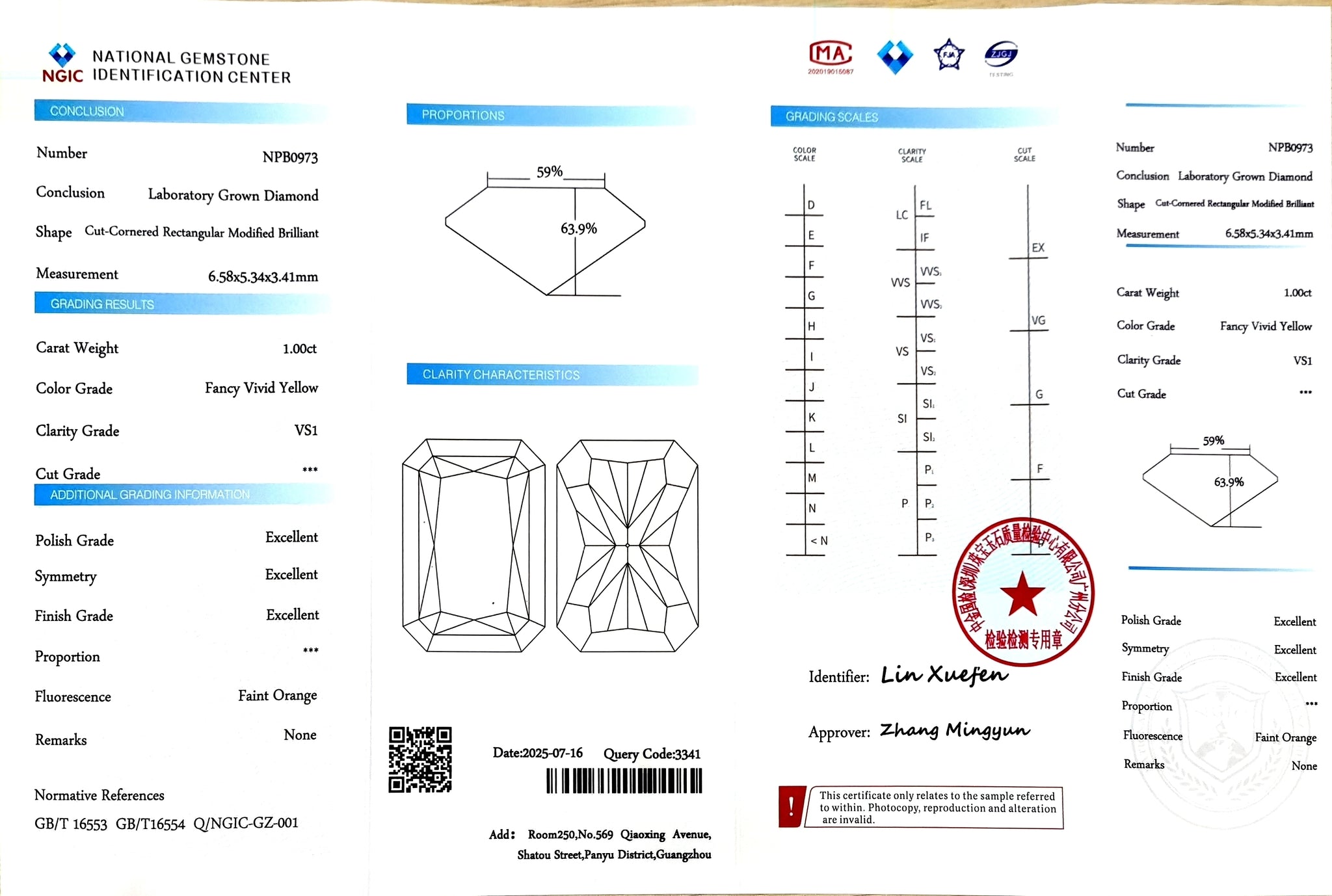 "NGIC certificate for 1.00ct radiant cut fancy vivid yellow VS1 lab diamond"