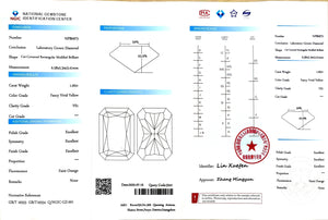 "NGIC certificate for 1.00ct radiant cut fancy vivid yellow VS1 lab diamond"