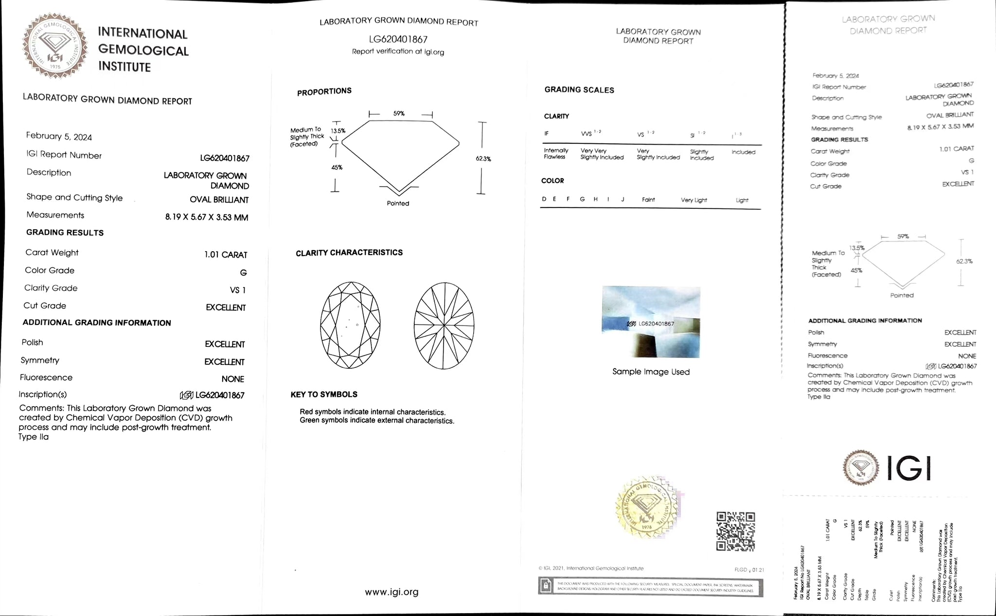 "NGIC certificate for 1.01ct oval cut G color VS1 lab diamond"