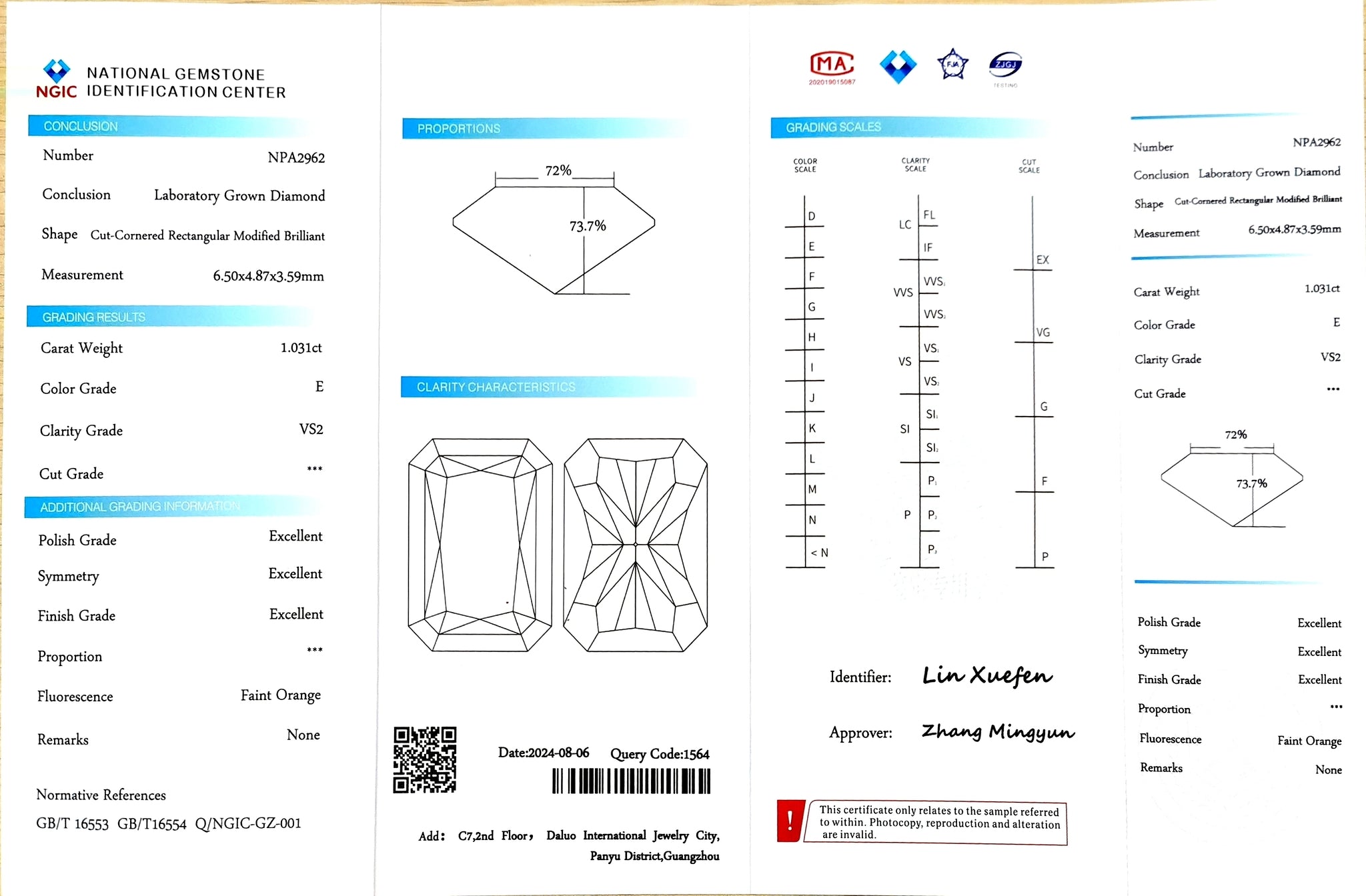 NGIC certificate for 1.031ct radiant E color VS2 lab diamond (NPA2962)