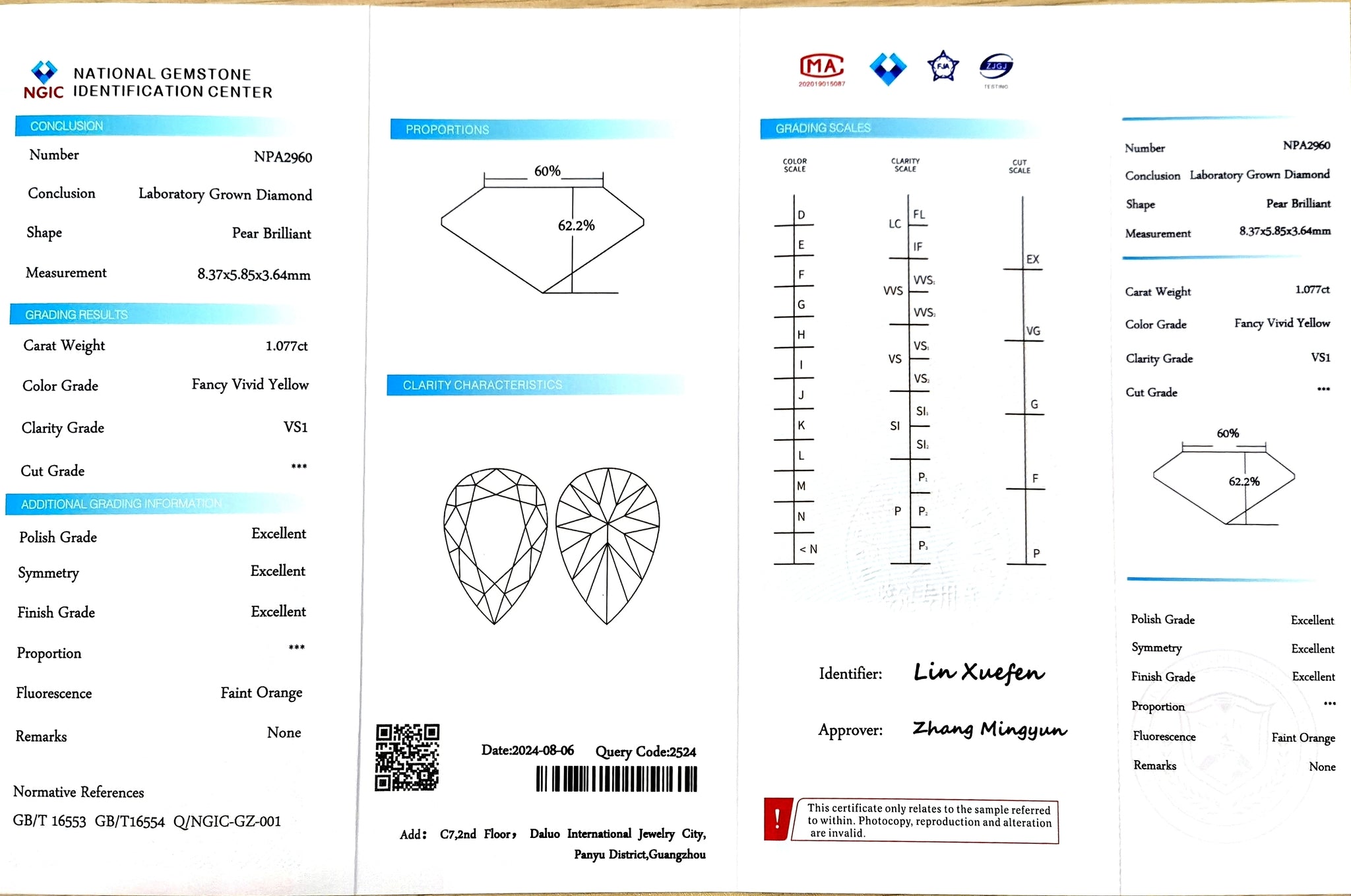NGIC certificate for 1.077ct pear fancy vivid yellow VS1 lab diamond (NPA2960)